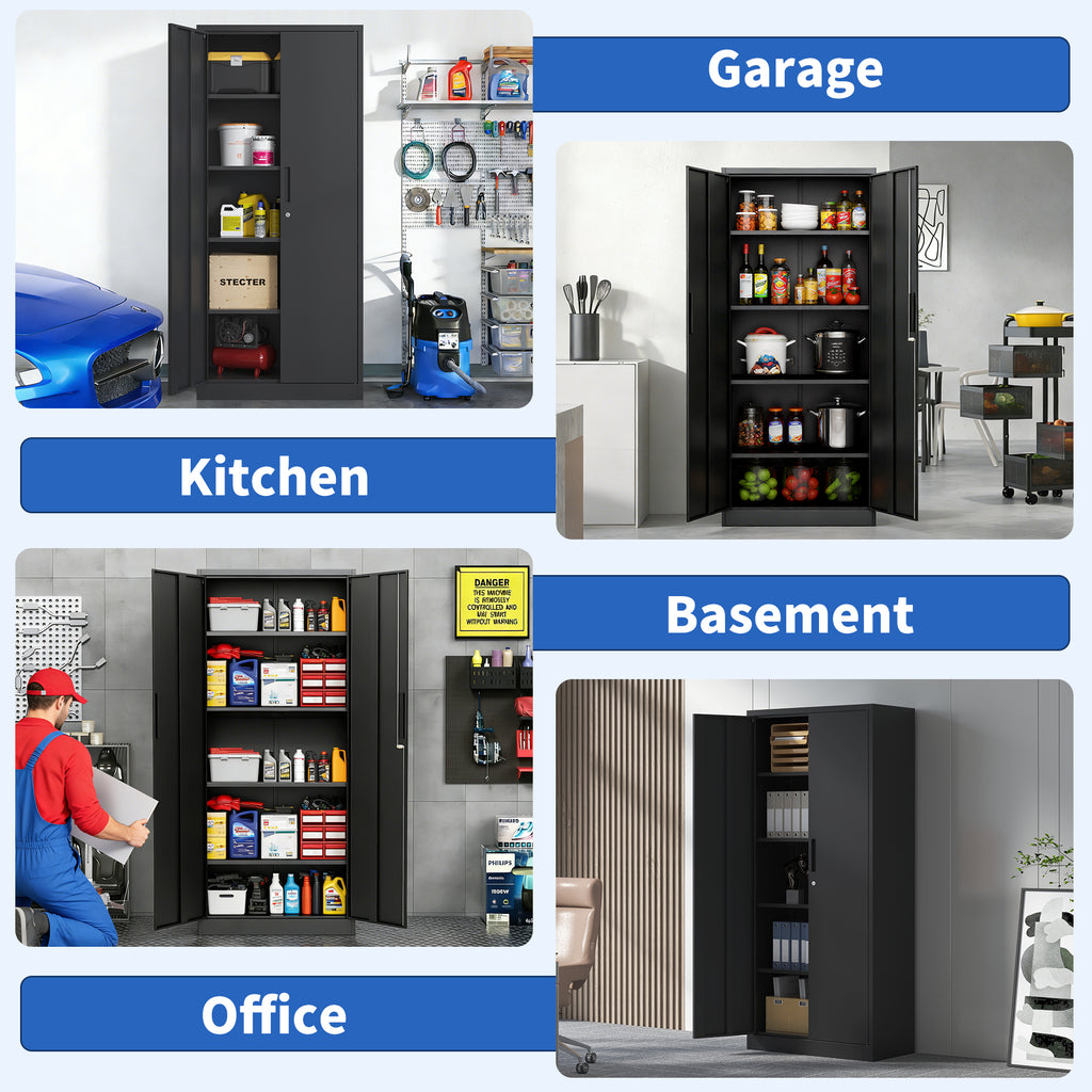 71'H Metal Garage Storage Cabinet, Black Tool Steel Locking Cabinet with Doors and 4 Shelves, Tall Cabinets for Garage Storag