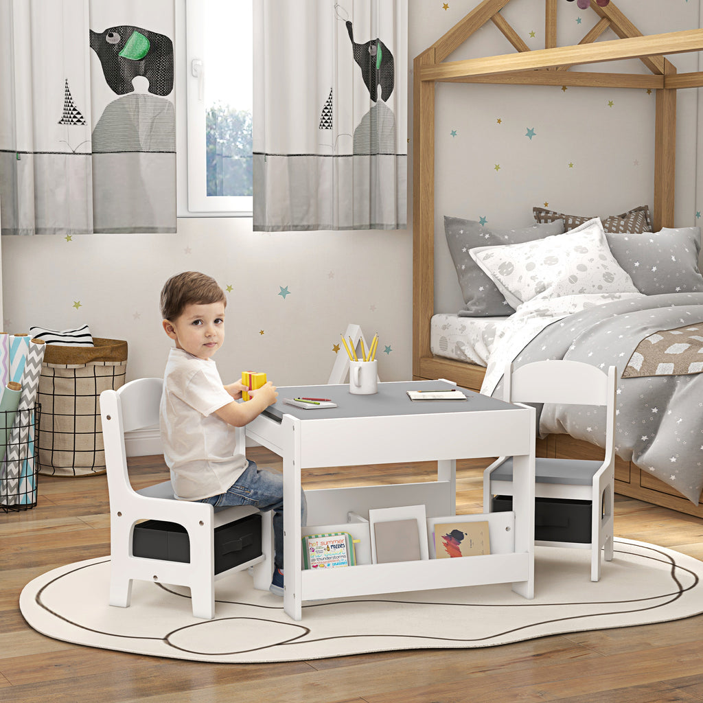 Qaba 3 Piece Kids Table and Chair Set, 2 in 1 Toddler Table and Chair Set with Reversible Tabletop Blackboard, Storage & Book