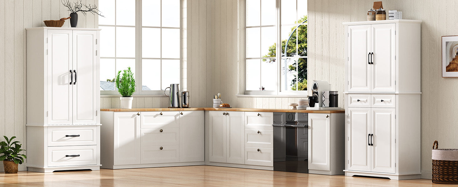 K&K 71' Tall Kitchen Pantry Cabinet with 3 Pull Out Cabinet Organizers, Farmhouse Embossed Texture Storage Cabinet with 6 Door Shelves, 2 Drawers, Freestanding Cupboard for Kitchen, Dining Room White - Grand Goldman Shop