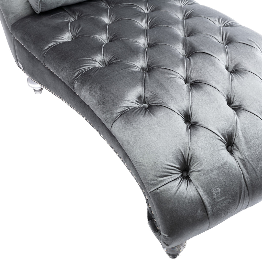 Velvet Chaise Lounge Indoor, Button-Tufted Upholstered Chaise Lounge Chair with Pillow, Silver Velvet, 63.98 Inches - Grand Goldman Shop