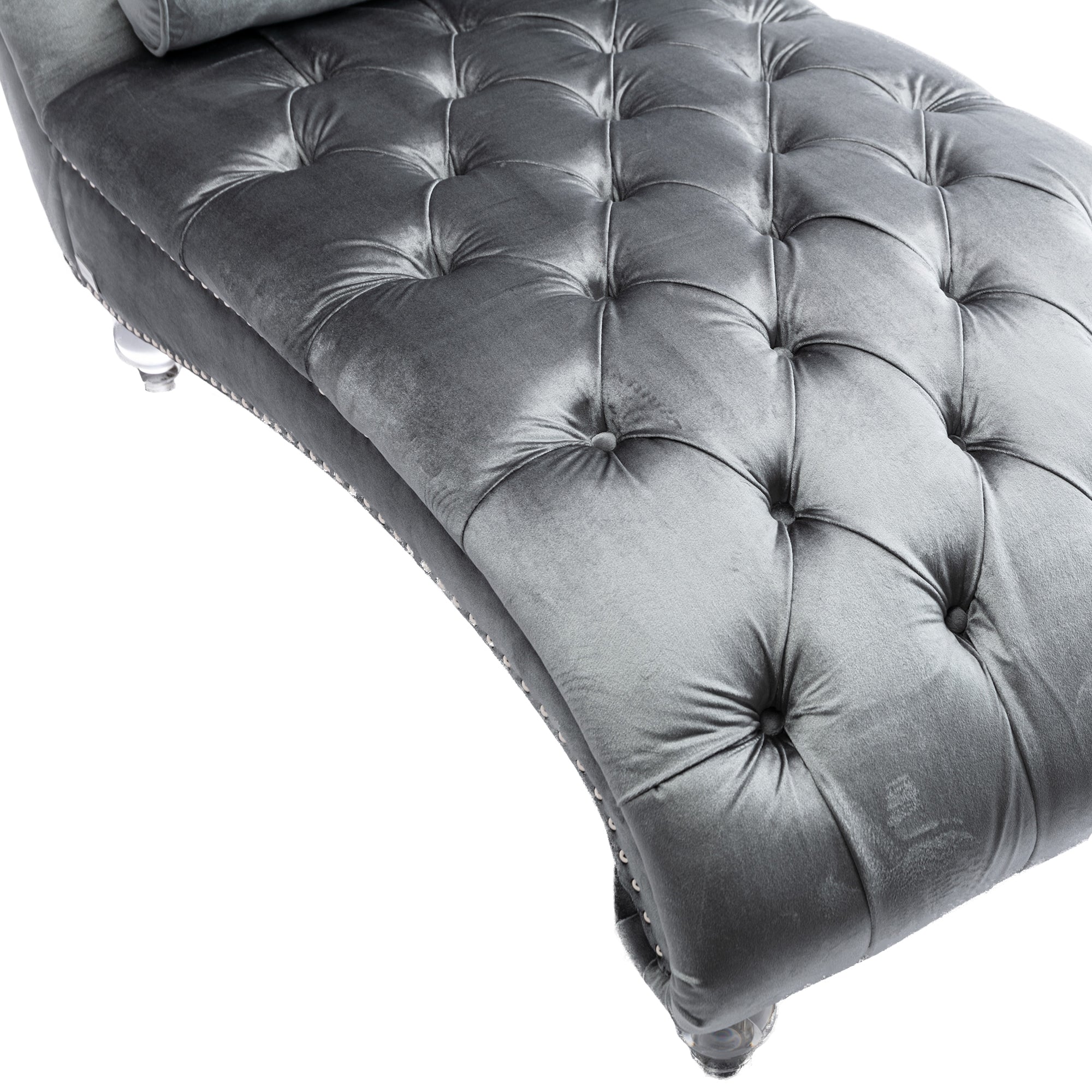 Velvet Chaise Lounge Indoor, Button-Tufted Upholstered Chaise Lounge Chair with Pillow, Silver Velvet, 63.98 Inches - Grand Goldman Shop