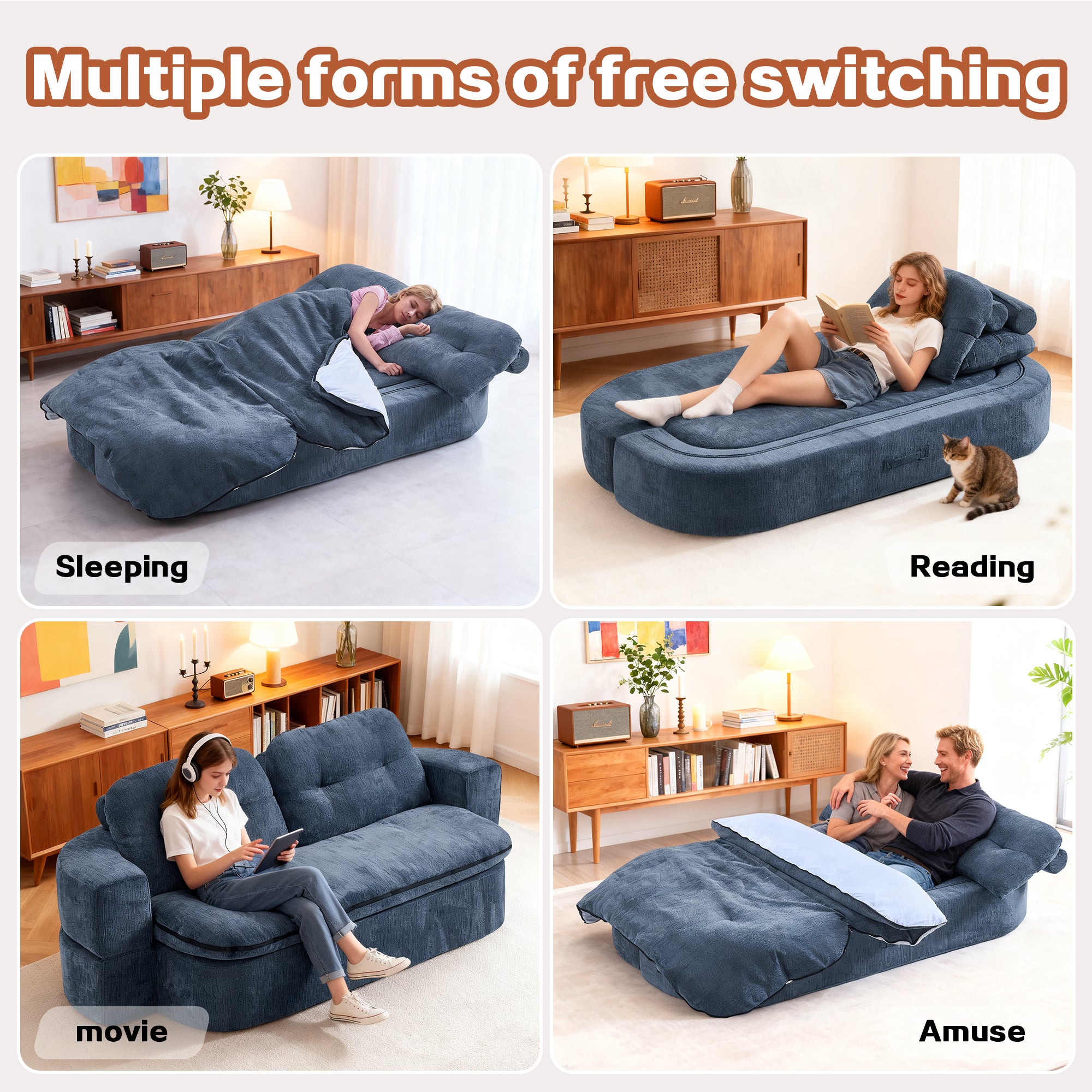 Modern Floor Sofa with 2 Pillows,Convertible Corduroy Fabric Foam-Filled Sleeper Sofa Bed, no assembly required,Convertible Sofa Cushion Unfolds into Quilt,Folding Mattress for Living Room,Playroom - Grand Goldman Shop