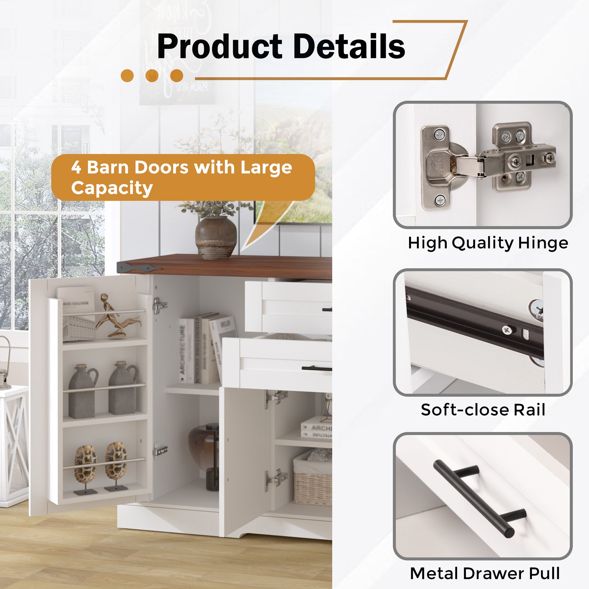 White Farmhouse Barn Door Storage Cabinet with 2 Drawers & Door Rack, Adjustable Shelves, MDF Construction, 63.11' L x 15.75' W x 32.09' H - Grand Goldman Shop