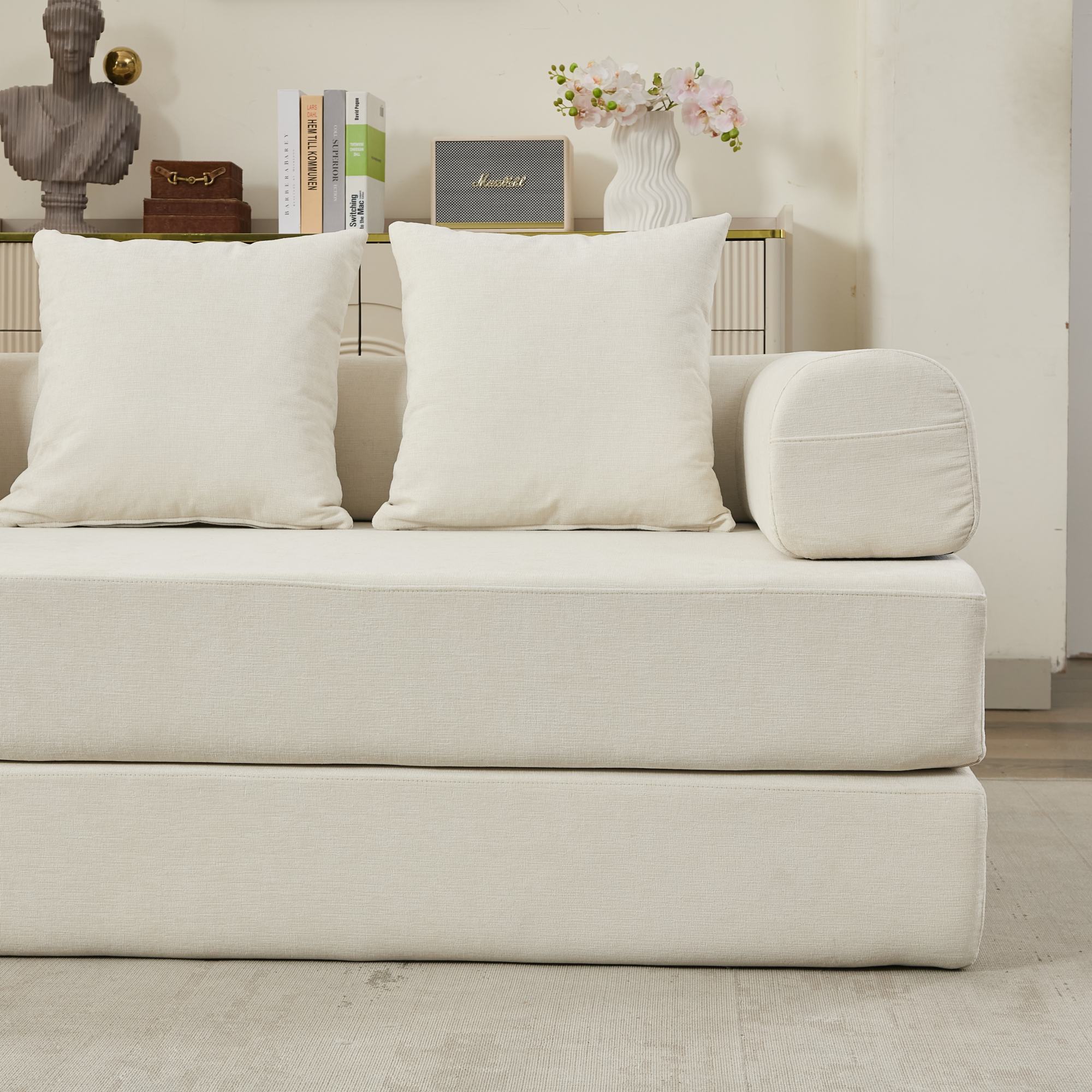 Comfy Convertible Folding Mattress Couch, Floor Sofa Bed, Chenille Floor Sofa with Armrest, Floor Sofa Lounge Couch for Living Room Bedroom Lounge Studio-Beige - Grand Goldman Shop