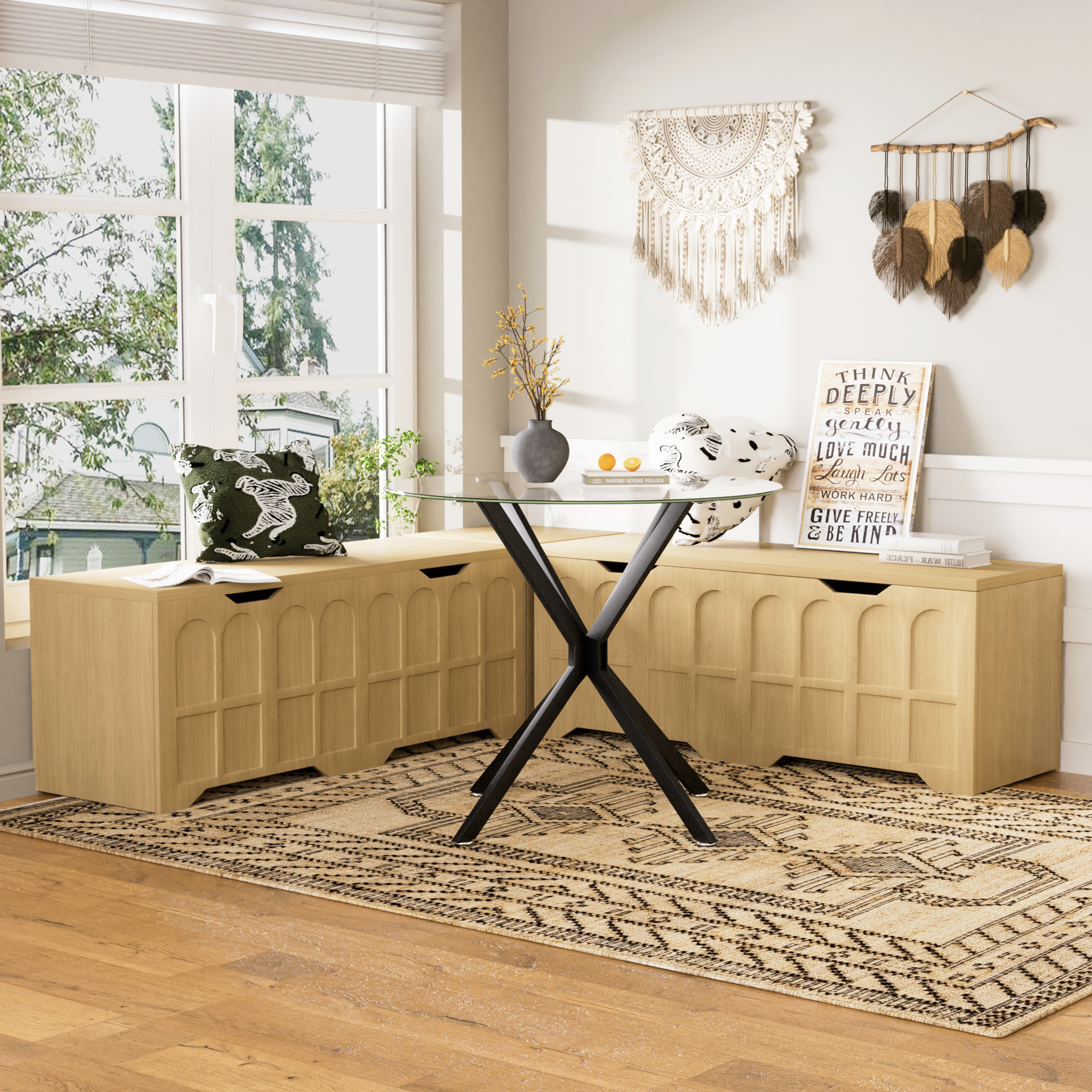 3-Piece L-shaped multifunctional storage bench with padded shoe bench, serves as a kitchen corner stool, toy storage box, or reading nook seat, natural color, 63'D x 63'W x 19.1'H - Grand Goldman Shop