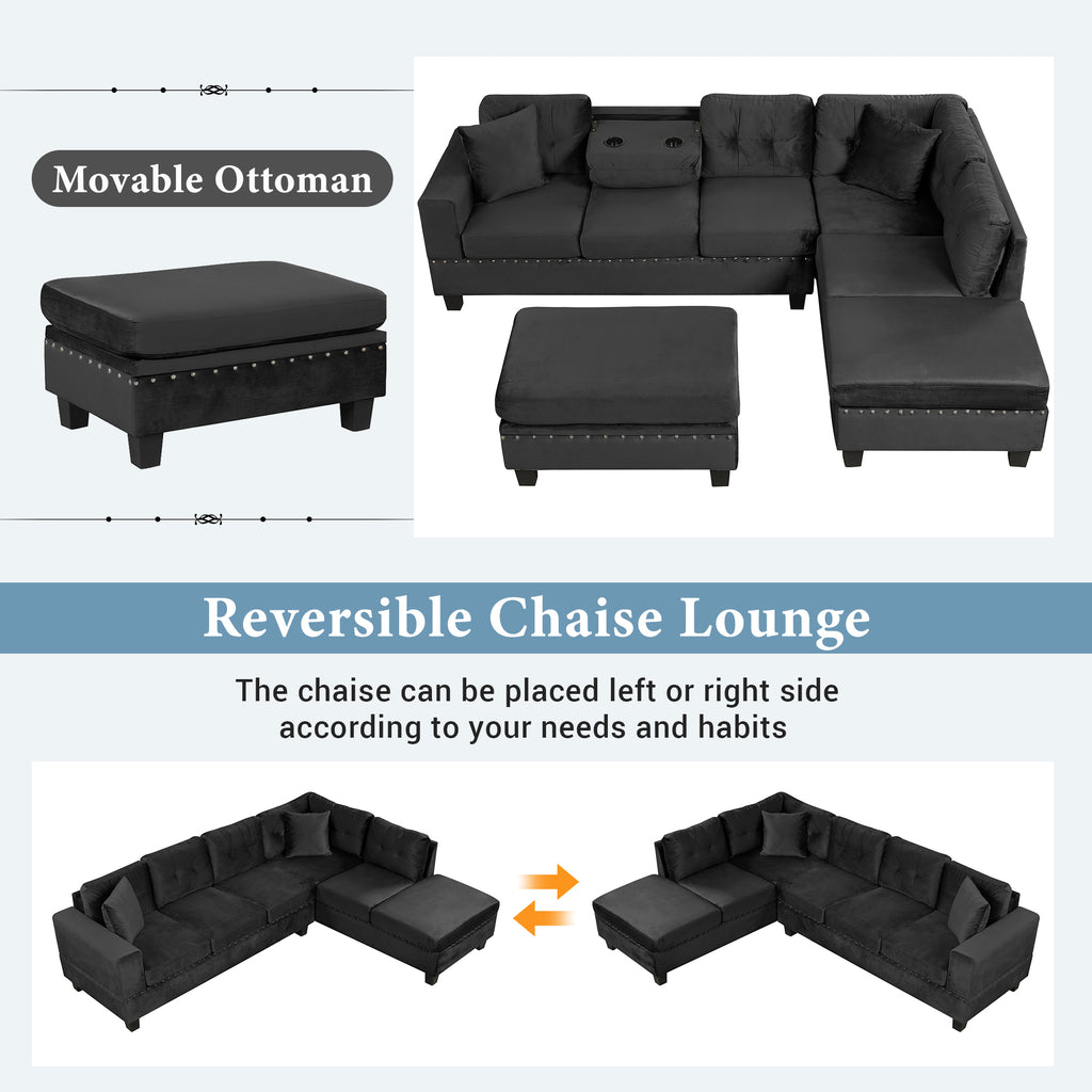 Modern Sectional Sofa with Storage Ottoman, L-Shape Couch with 2 Pillows and Cup Holders, Black Velvet, 105' - Grand Goldman Shop