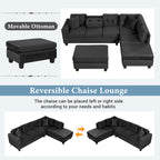 Modern Sectional Sofa with Storage Ottoman, L-Shape Couch with 2 Pillows and Cup Holders, Black Velvet, 105' - Grand Goldman Shop