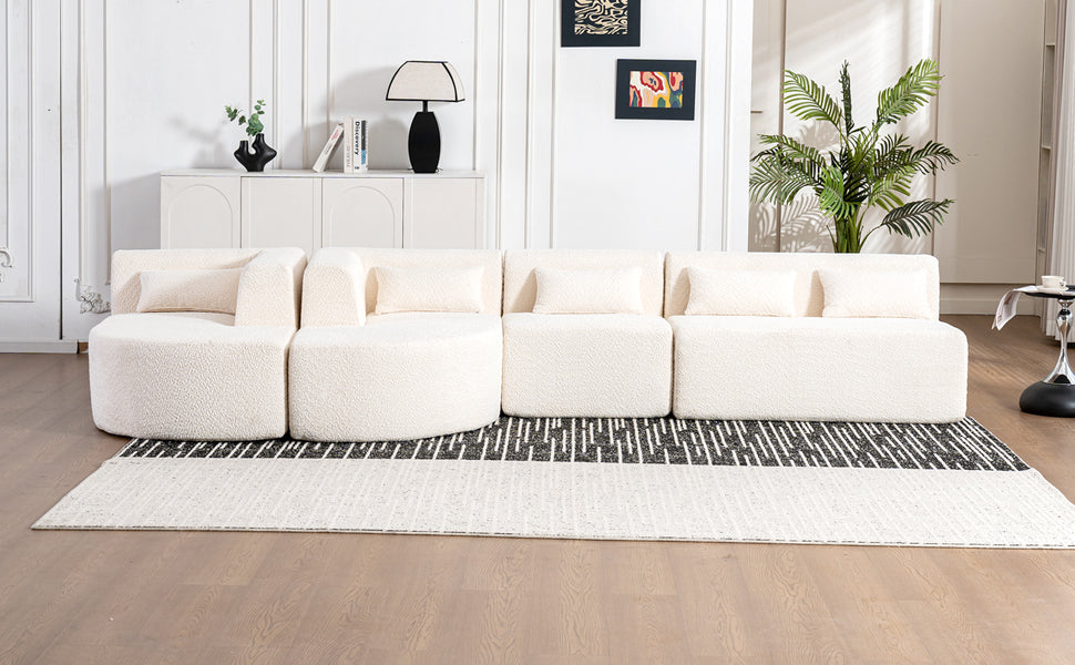Modern Upholstered L-Shape Sofa with Chaise Lounge and Back Pillows, Beige Boucle Fabric, 144 inches - Grand Goldman Shop