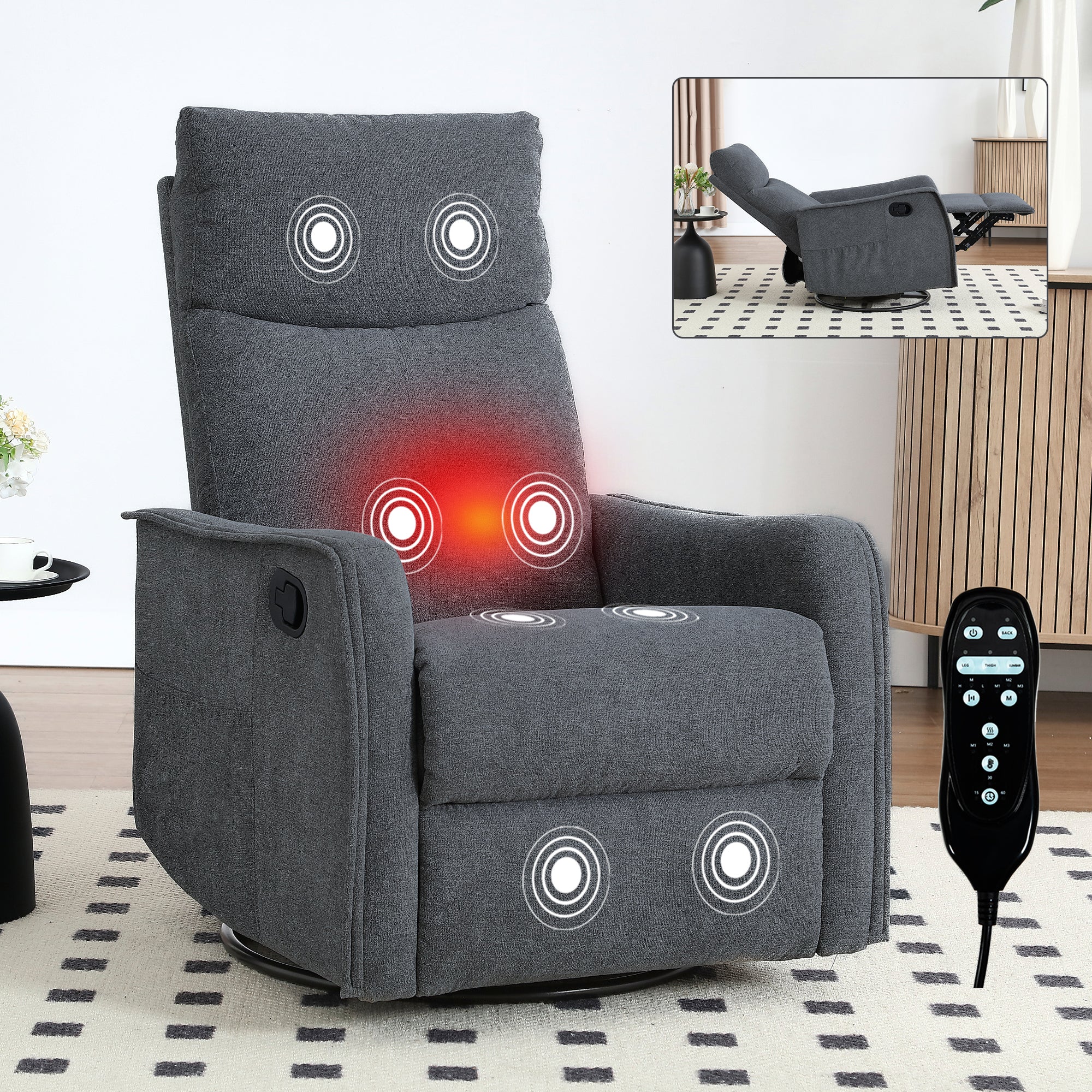 Heat Massage Manual Recliner Chair with Rocker and Swivel in Fabric for Living Room, Grey - Grand Goldman Shop
