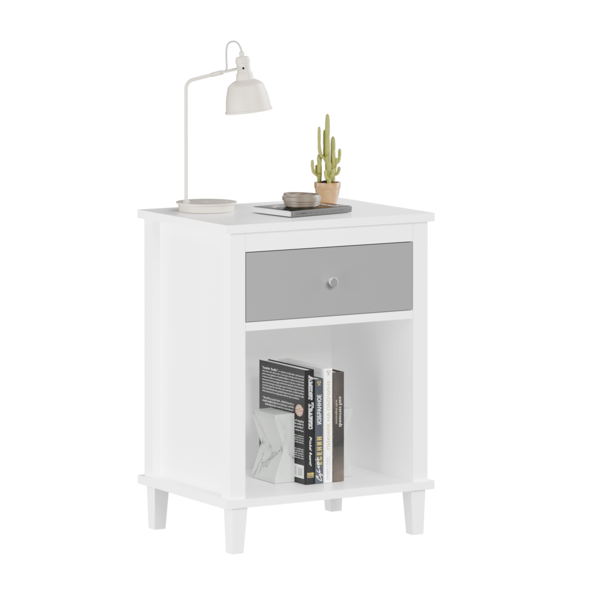 Gray+Silver Handle Wooden Nightstand 26.77''H with One Drawer One Shelf for Kids and Adults, White+Gray Finish MDF - Grand Goldman Shop