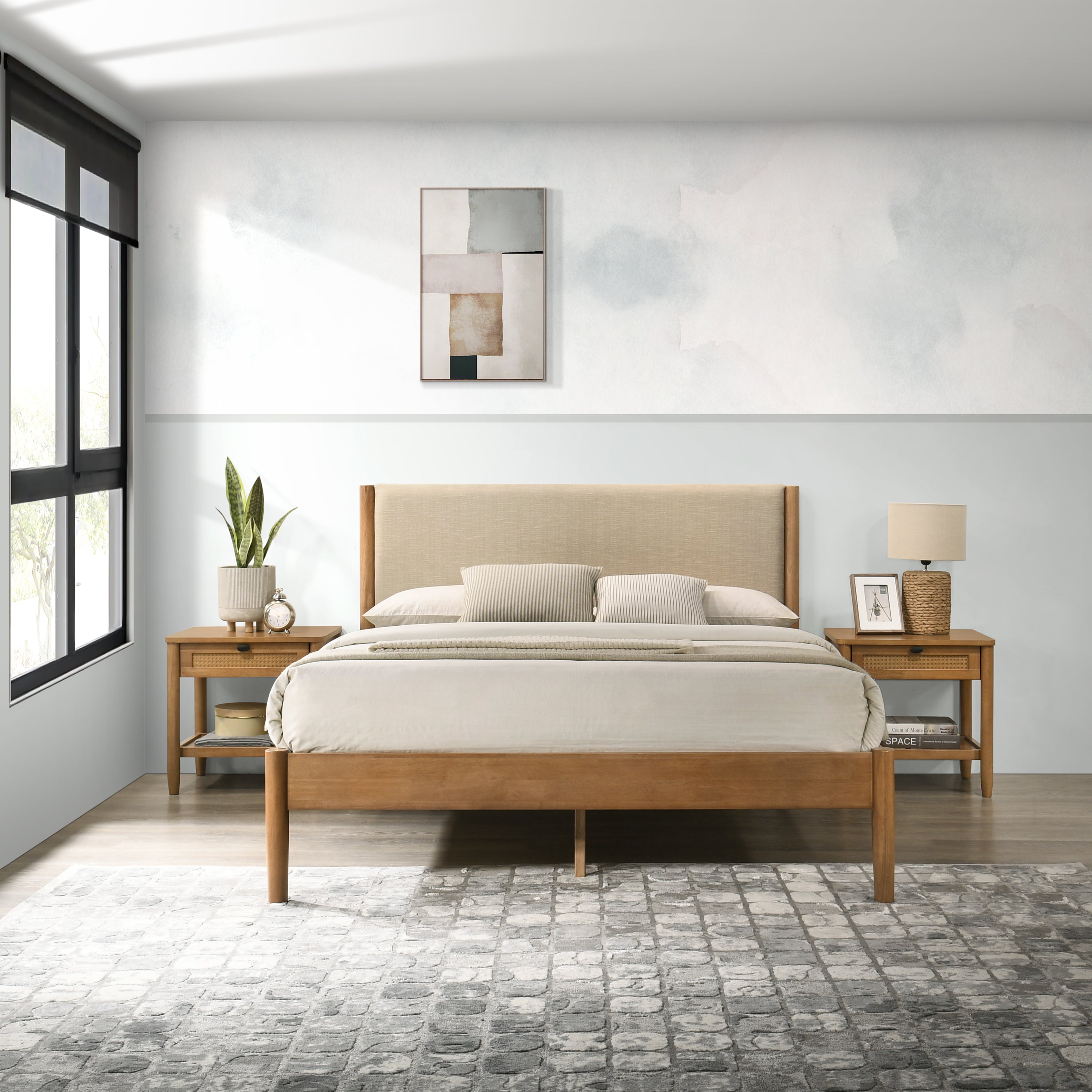 Vichy 3-Piece Rubberwood Bedroom Set, Platform Bed with Two Nightstands, Queen - Grand Goldman Shop