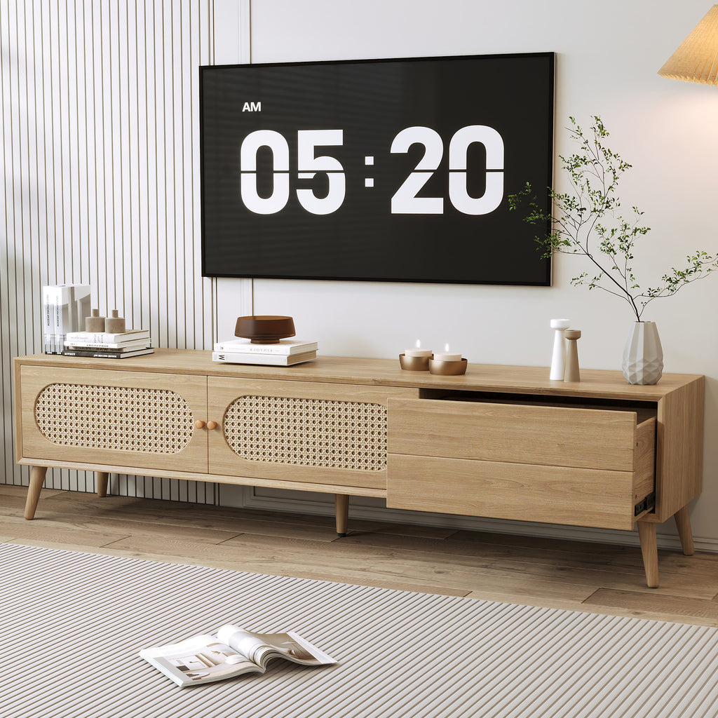 Boho TV Stand for TVs up to 80'', Modern Farmhouse Media Console with Solid Wood Legs, Natural Wood Finish, MDF Cabinet, 70.8''L x 15.7''W x 17.7''H - Grand Goldman Shop