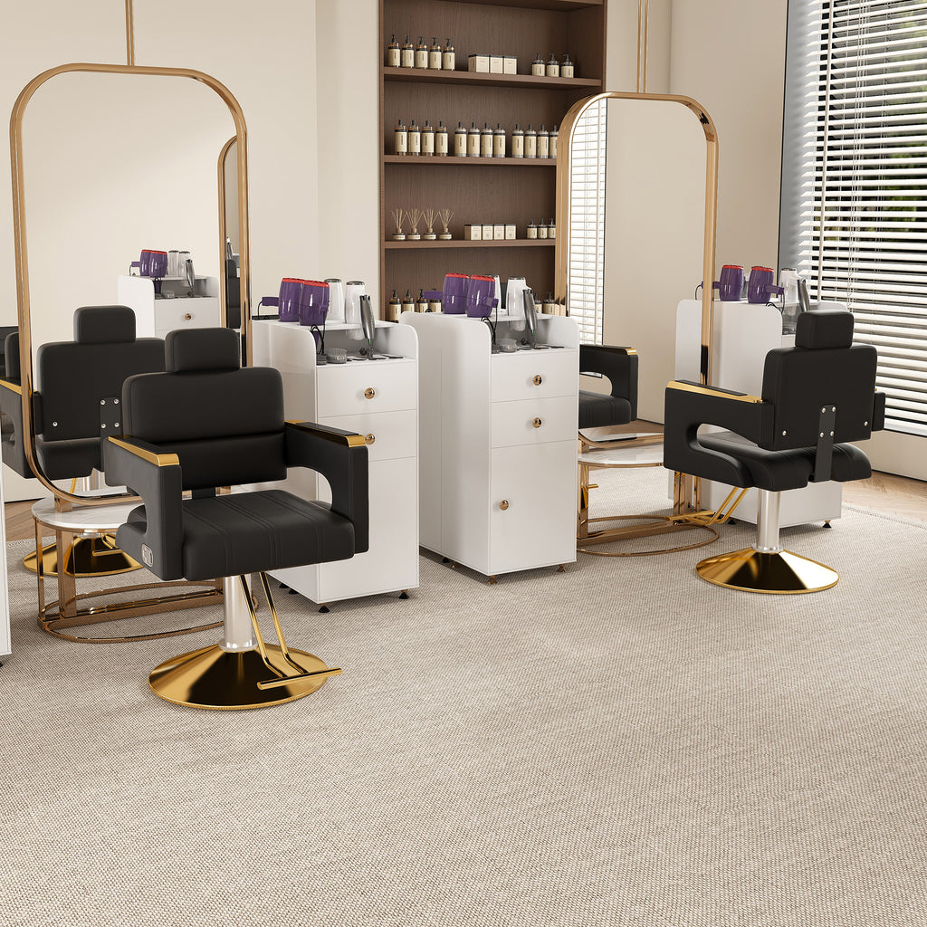 Professional Hydraulic Barber Chair with 360° Swivel, Adjustable Height, Stainless Steel Armrests & Reclining Backrest in Black & Gold - Grand Goldman Shop