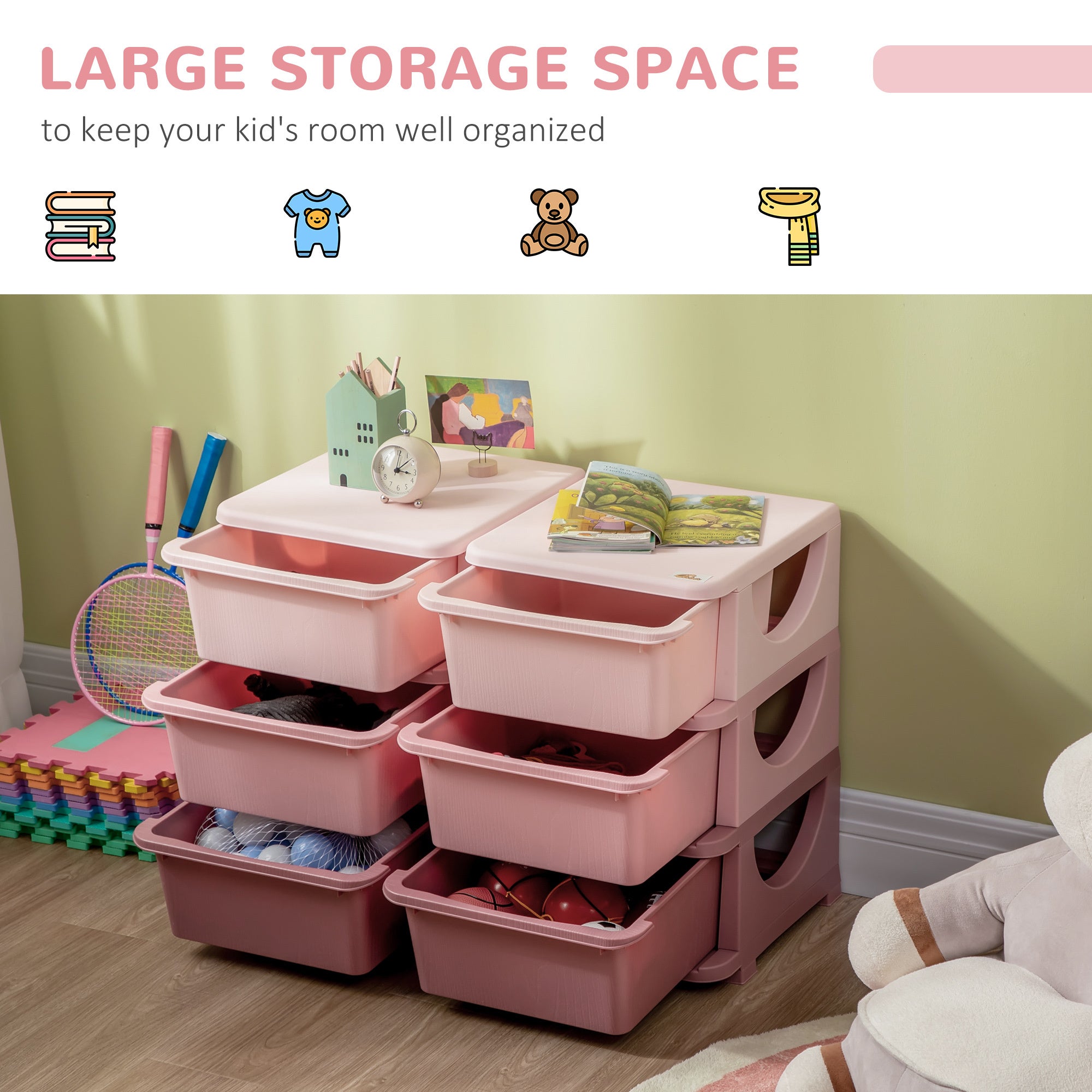 Qaba 3 Tier Kids Storage Unit, 6 Drawer Chest Toy Organizer Plastic Bins for Kids Bedroom Nursery Kindergarten Living Room fo