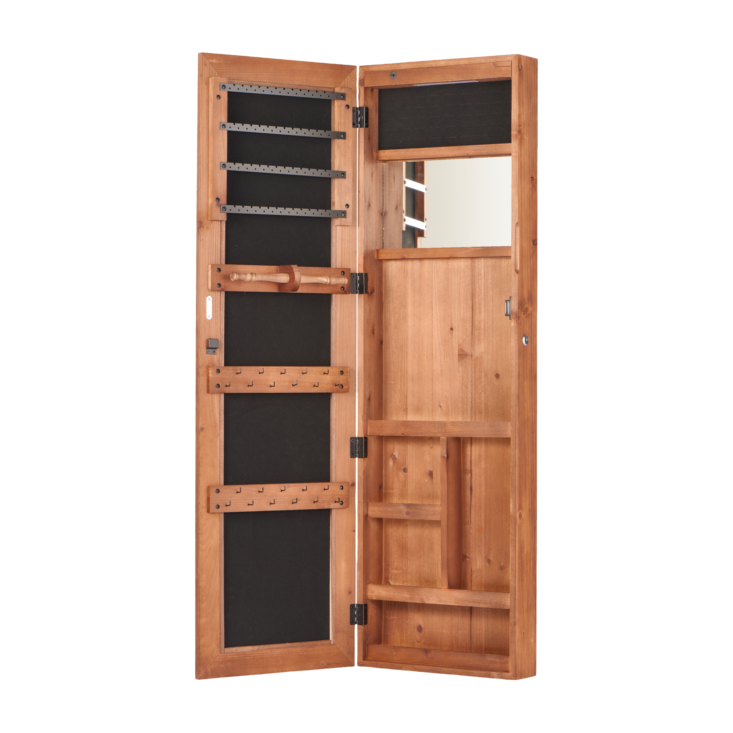Solid Wood Jewelry Armoire Organizer Cabinet with Full-Length Mirror, Brown, Wall-Mounted Lockable with LED Light, 47.5x14.3 in - Grand Goldman Shop