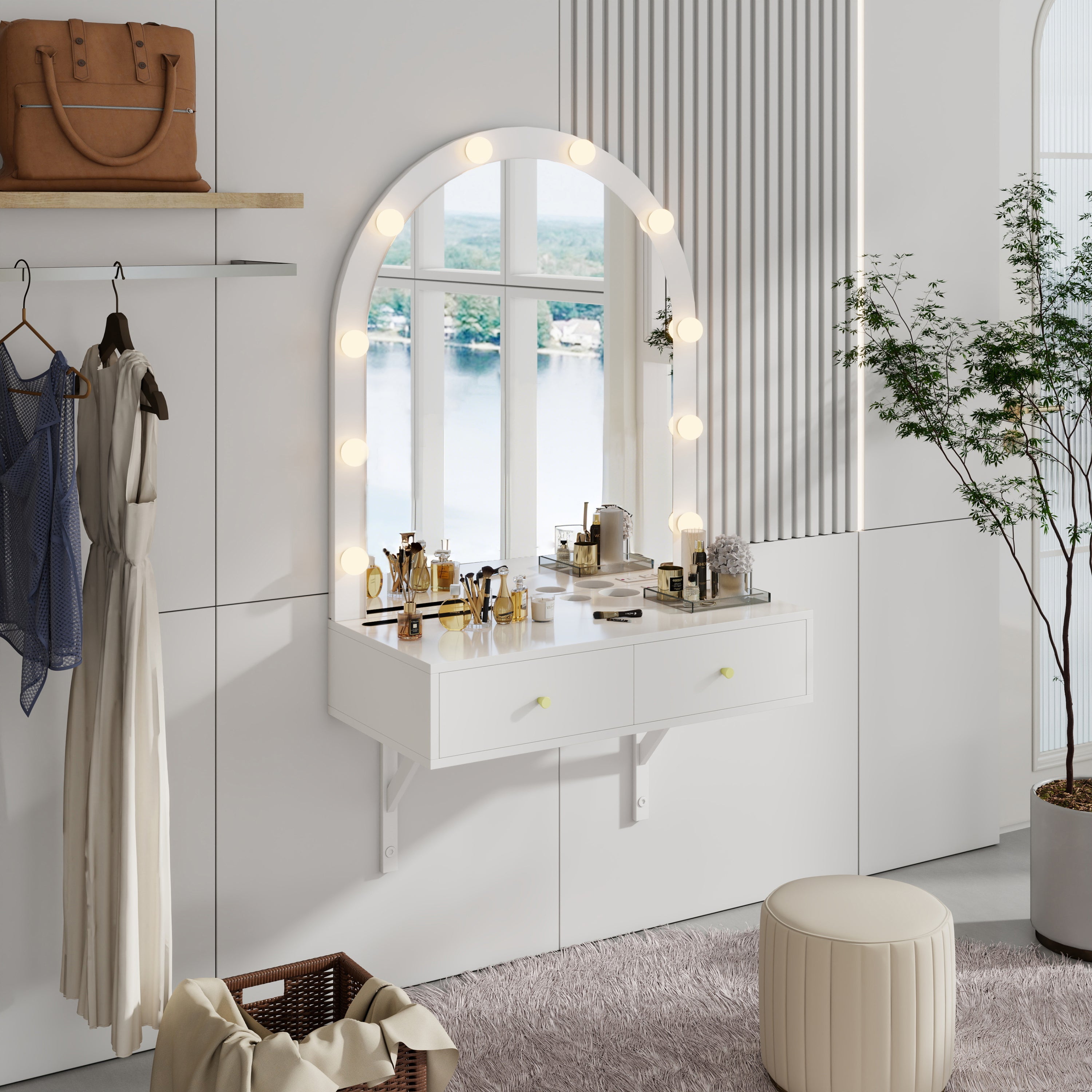 Floating Makeup Vanity Desk with Mirror & 3-Color Lights, Wall Dressing Table with Power Outlet, Compact vanity, Large Storage, White - Grand Goldman Shop