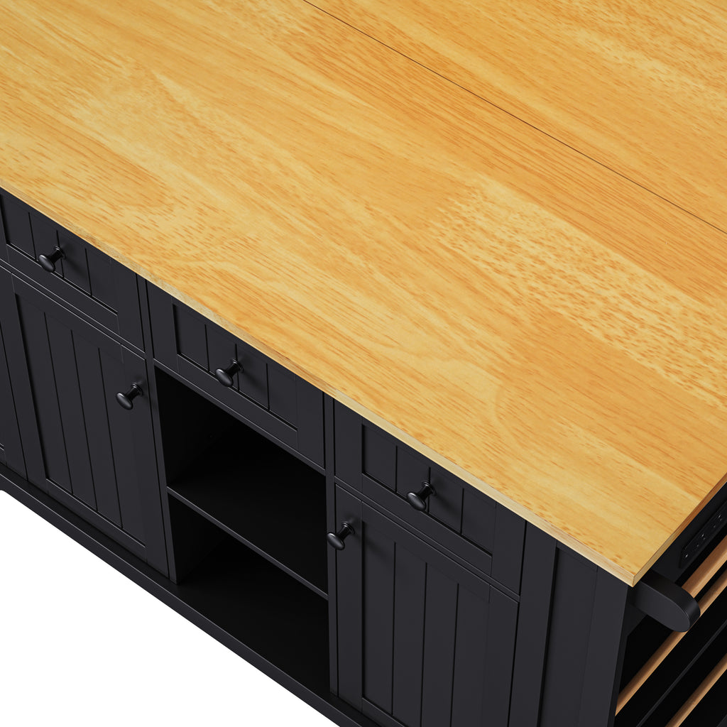 K&K 53inch Large Kitchen Island with 2 Bar Stools, Power Outlet,Door Internal Storage Rack, Kitchen Storage Cart on 5 Wheels with Drop Leaf, 5 Open Side Racks, 3 Drawers,Black (Three Packages) - Grand Goldman Shop