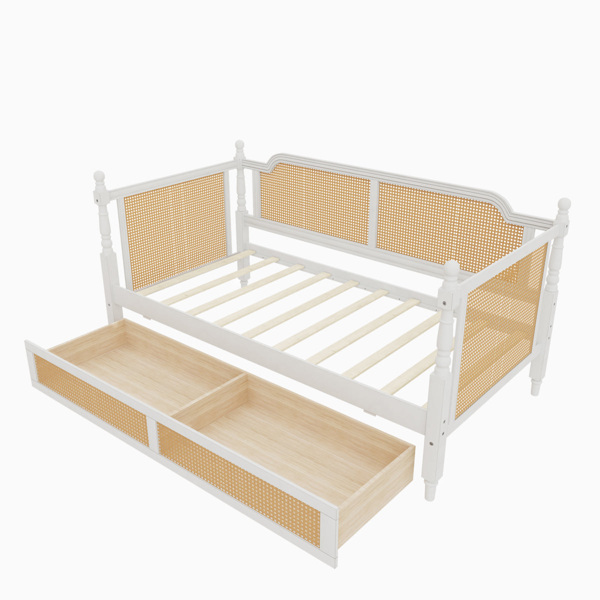 Traditional Style Rattan Twin Size Daybed with 2 Drawers, Antique White, Solid Pine Wood & MDF - Grand Goldman Shop