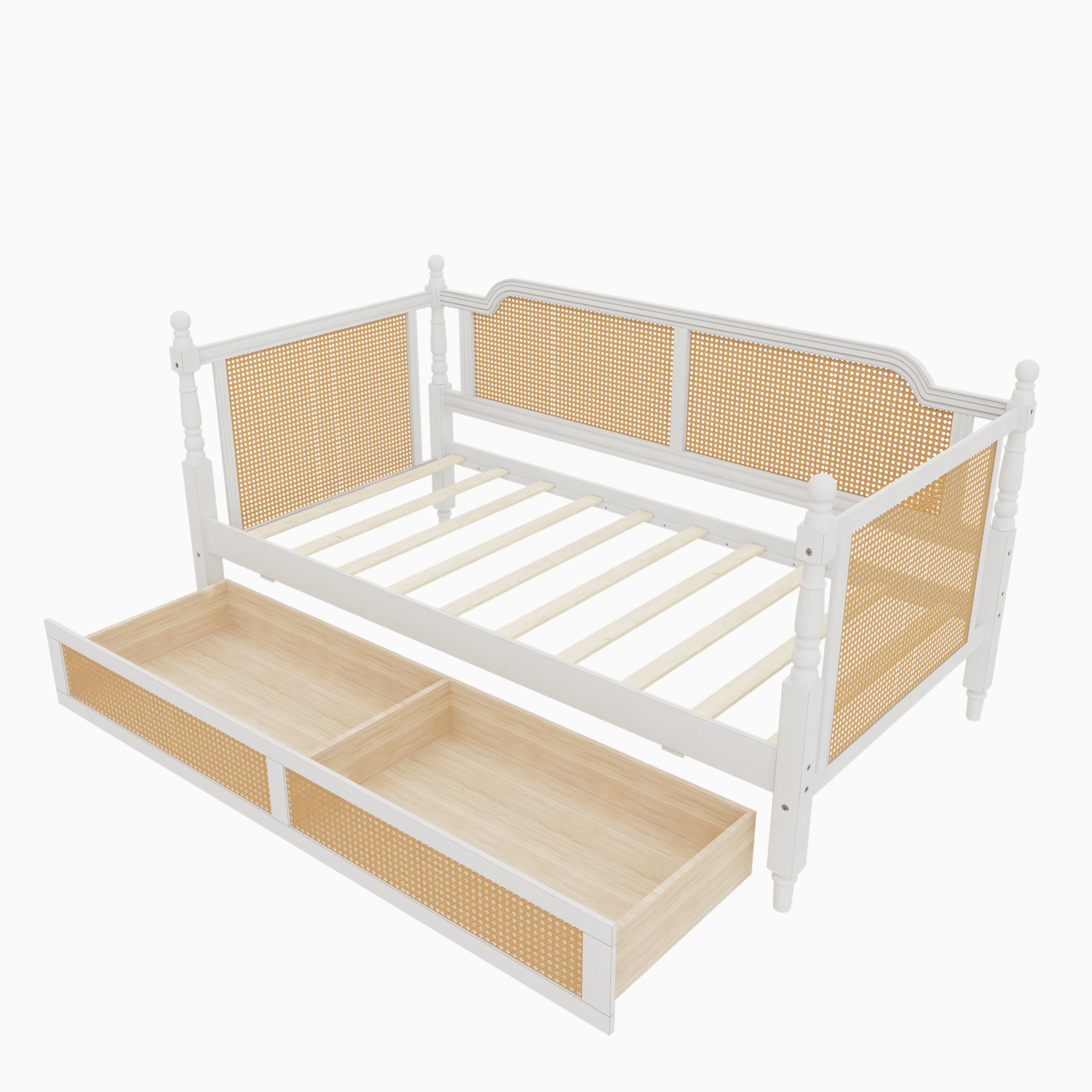 Traditional Style Rattan Twin Size Daybed with 2 Drawers, Antique White, Solid Pine Wood & MDF - Grand Goldman Shop