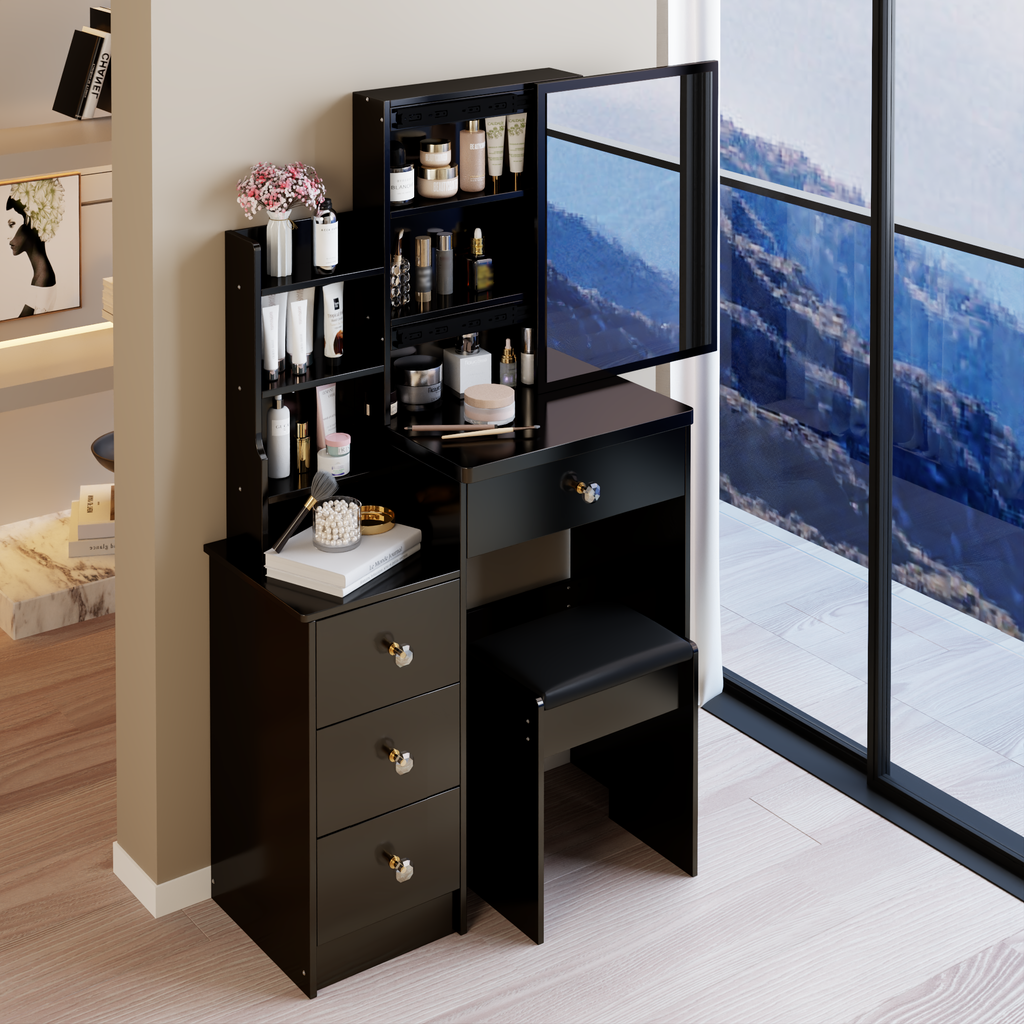 29.2' Small Space Left Bedside Cabinet Vanity Table + Cushioned Stool, Extra Large Right sliding mirror, Multi Layer High Capacity Storage, Practical Fashionable Dresser, Suitable For Small Space - Grand Goldman Shop