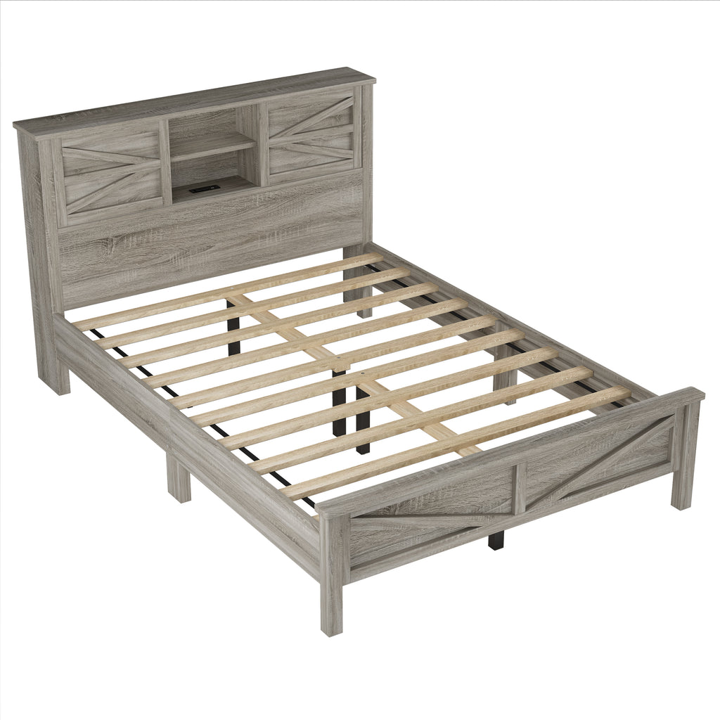 3-Pieces Bedroom Sets Queen Size Farmhouse Platform Bed with Double Sliding Door Storage Headboard and Charging Station, Storage Nightstand and Dresser, Antique Gray(Old SKU HL000092AAG) - Grand Goldman Shop