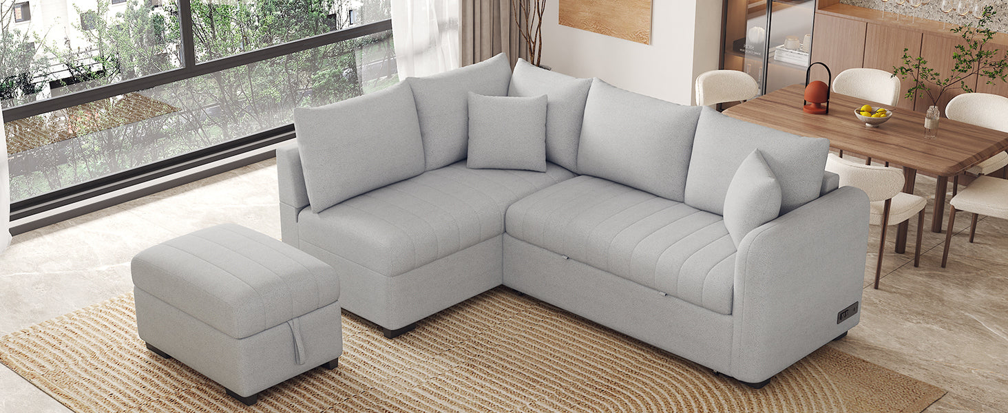 Modern L-shaped Sectional Pull Out Sofa Bed with USB Ports & Storage Ottoman, Gray Jacquard Fabric, 82.6' - Grand Goldman Shop