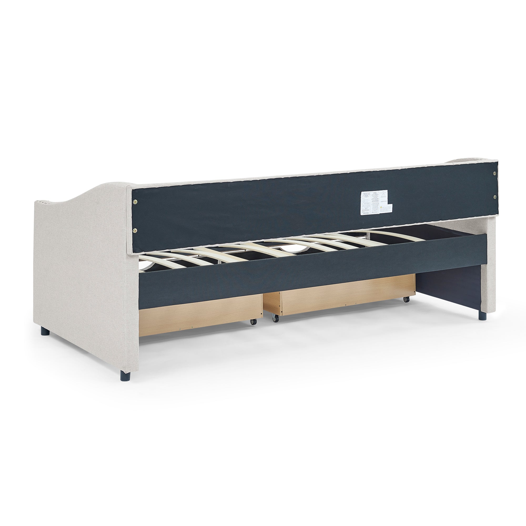 Mid-Century Twin Size Daybed with Drawers, Button Tufted Back and Copper Nail Trimmed Waved Arms, Beige Linen Upholstery, 81.5''x41''x30.5'' - Grand Goldman Shop
