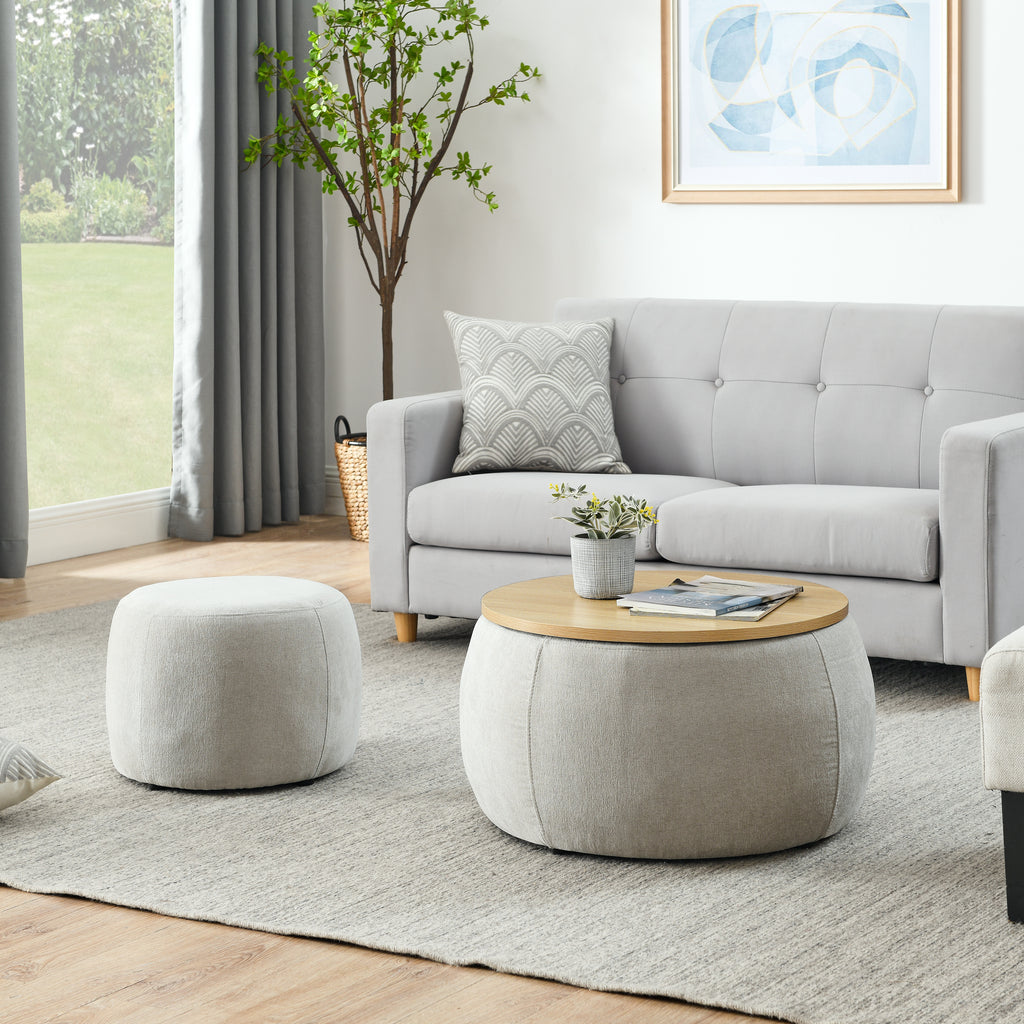 Light Grey Round Storage Ottoman, 2 in 1 Function End Table and Ottoman with Small Seat, Eucalyptus Wood and Foam - Grand Goldman Shop