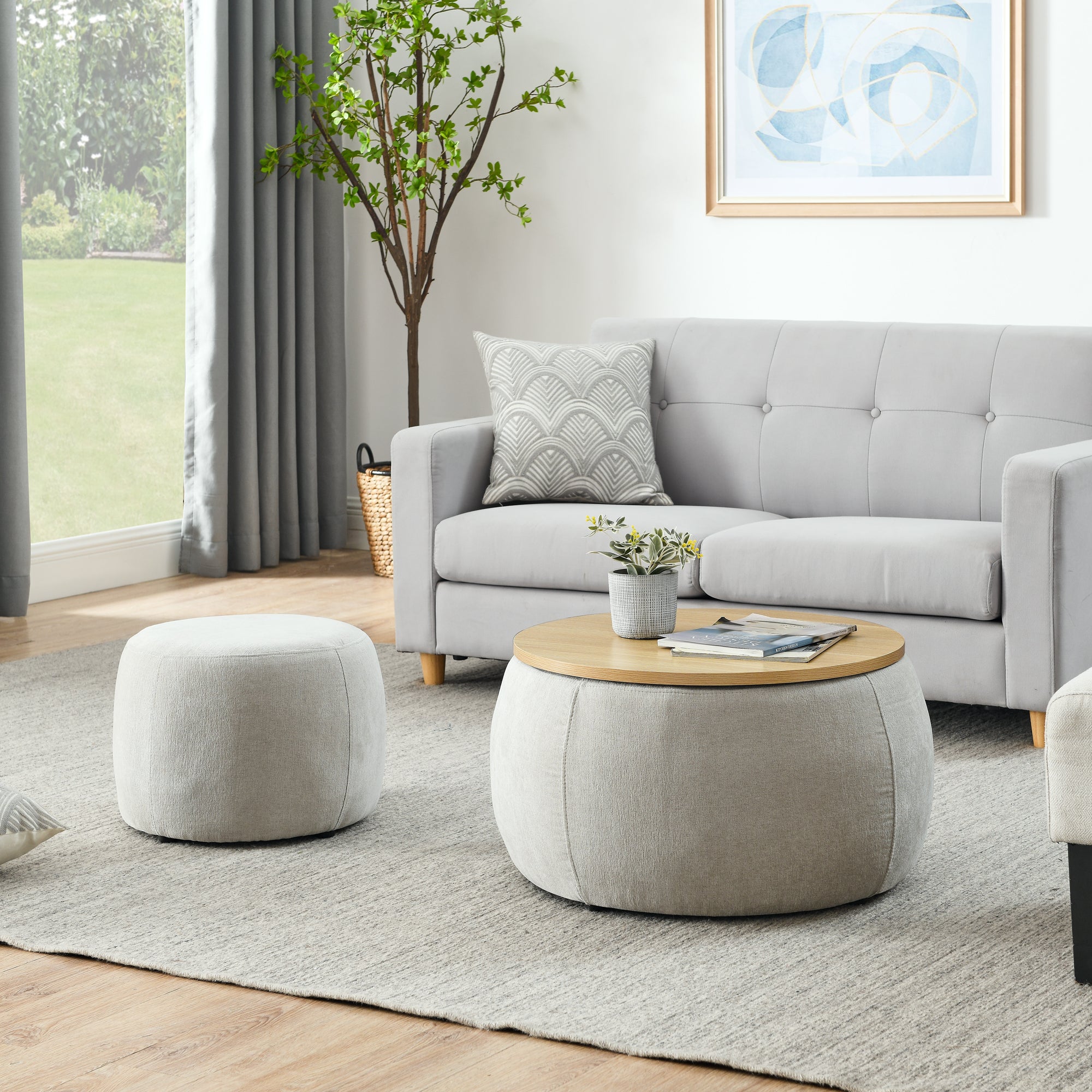 Light Grey Round Storage Ottoman, 2 in 1 Function End Table and Ottoman with Small Seat, Eucalyptus Wood and Foam - Grand Goldman Shop