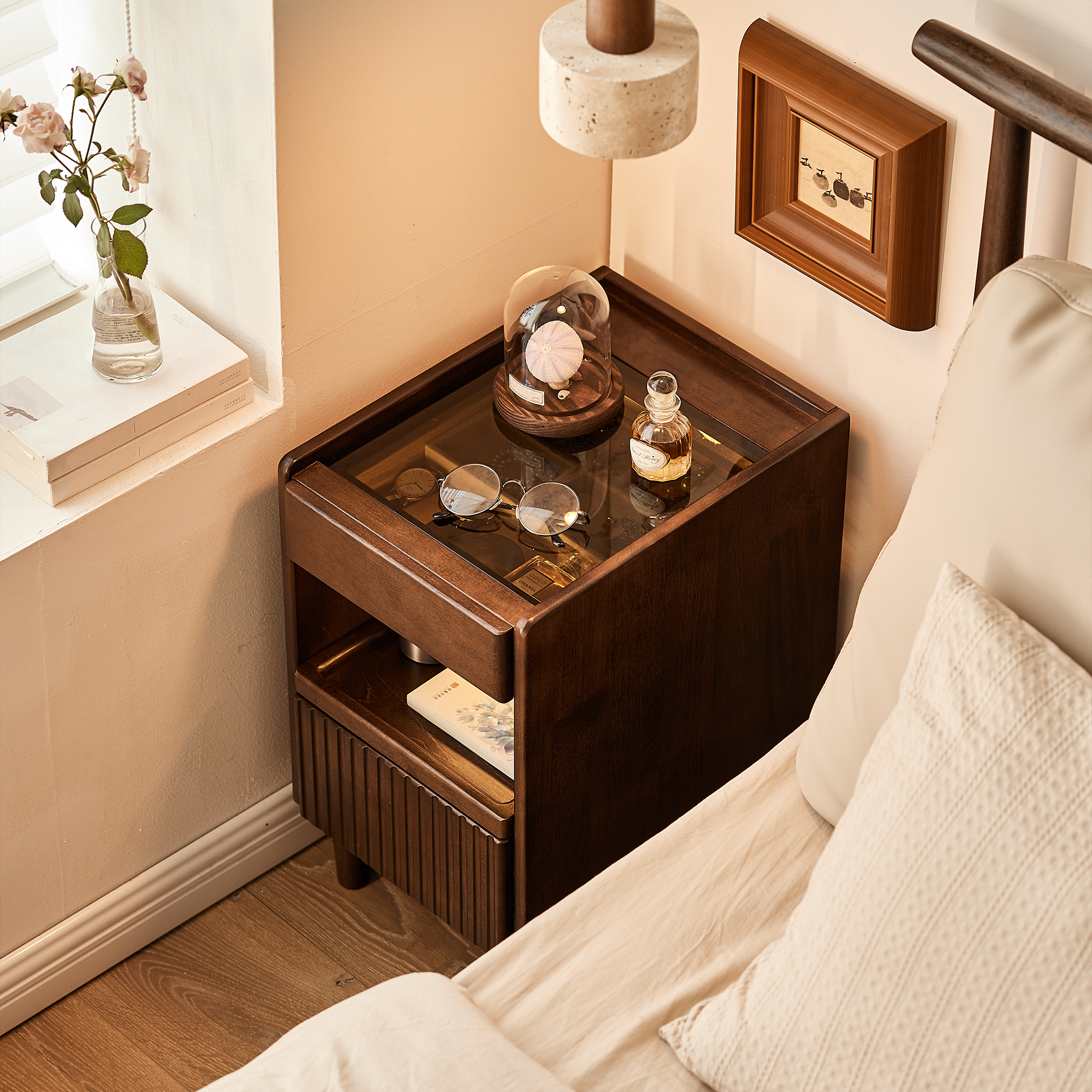 Wooden Bedside Table  with 1 Drawer Open Shelves, Wood Board Side Tables Storage Small Narrow Desk Chest of Drawer, Lamp Stand Nightstand Cabinet, Bedroom Living Room Home Furniture - Grand Goldman Shop