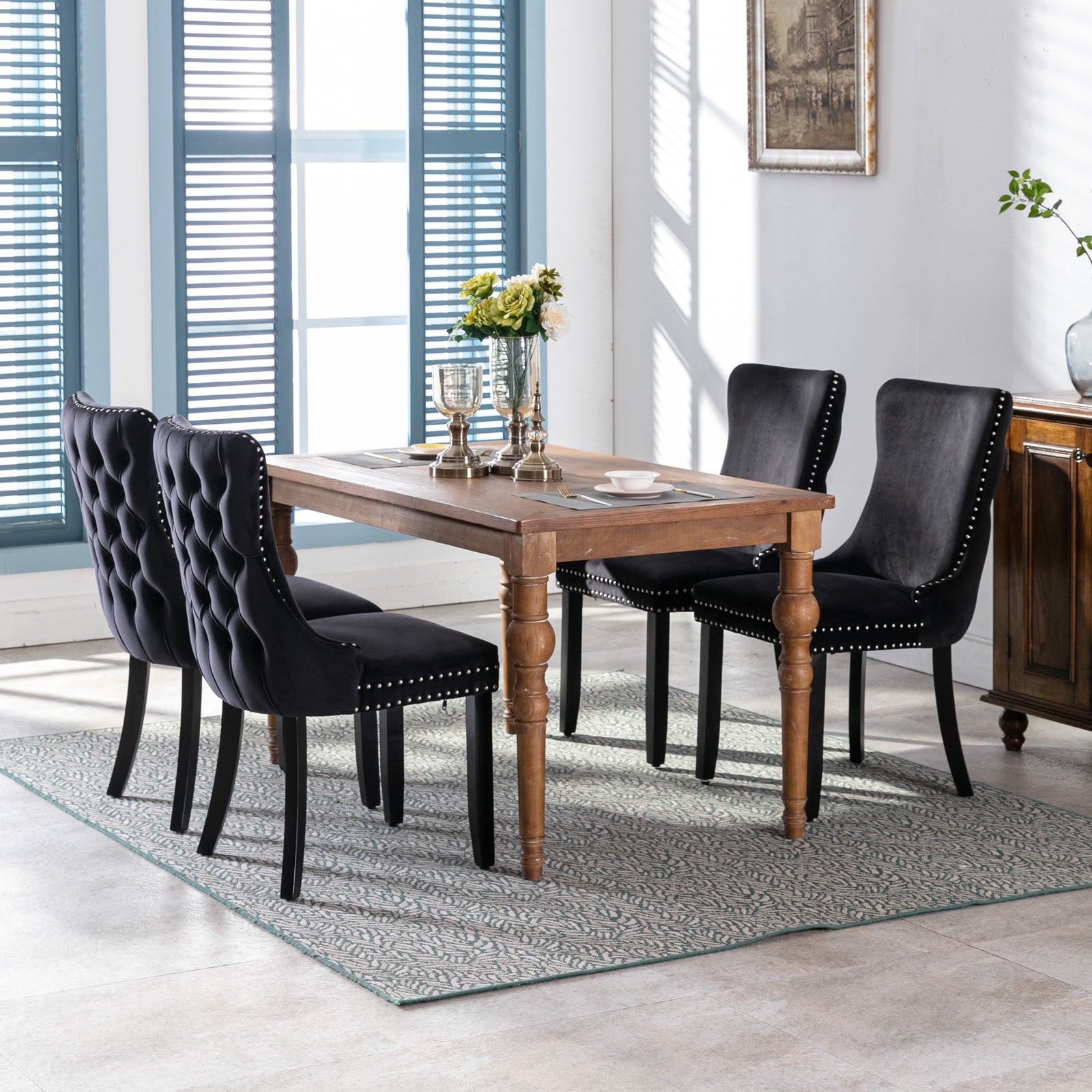 Upholstered Wing-Back Dining Chair with Backstitching Nailhead Trim and Solid Wood Legs,Set of 2, Black,SW8809BK, KD - Grand Goldman Shop