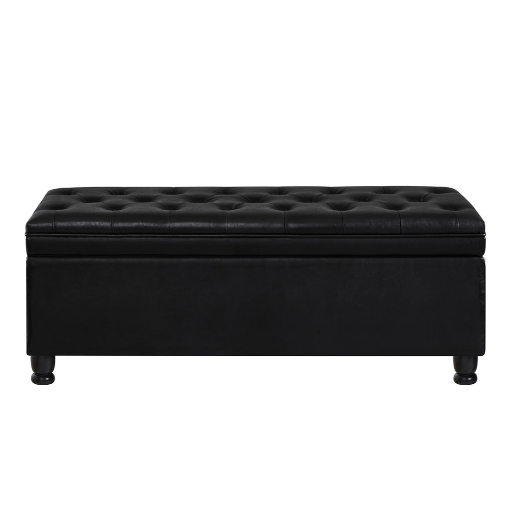 Upholstered tufted button storage bench ,Faux leather entry bench with spindle wooden legs, Bed bench- Black - Grand Goldman Shop