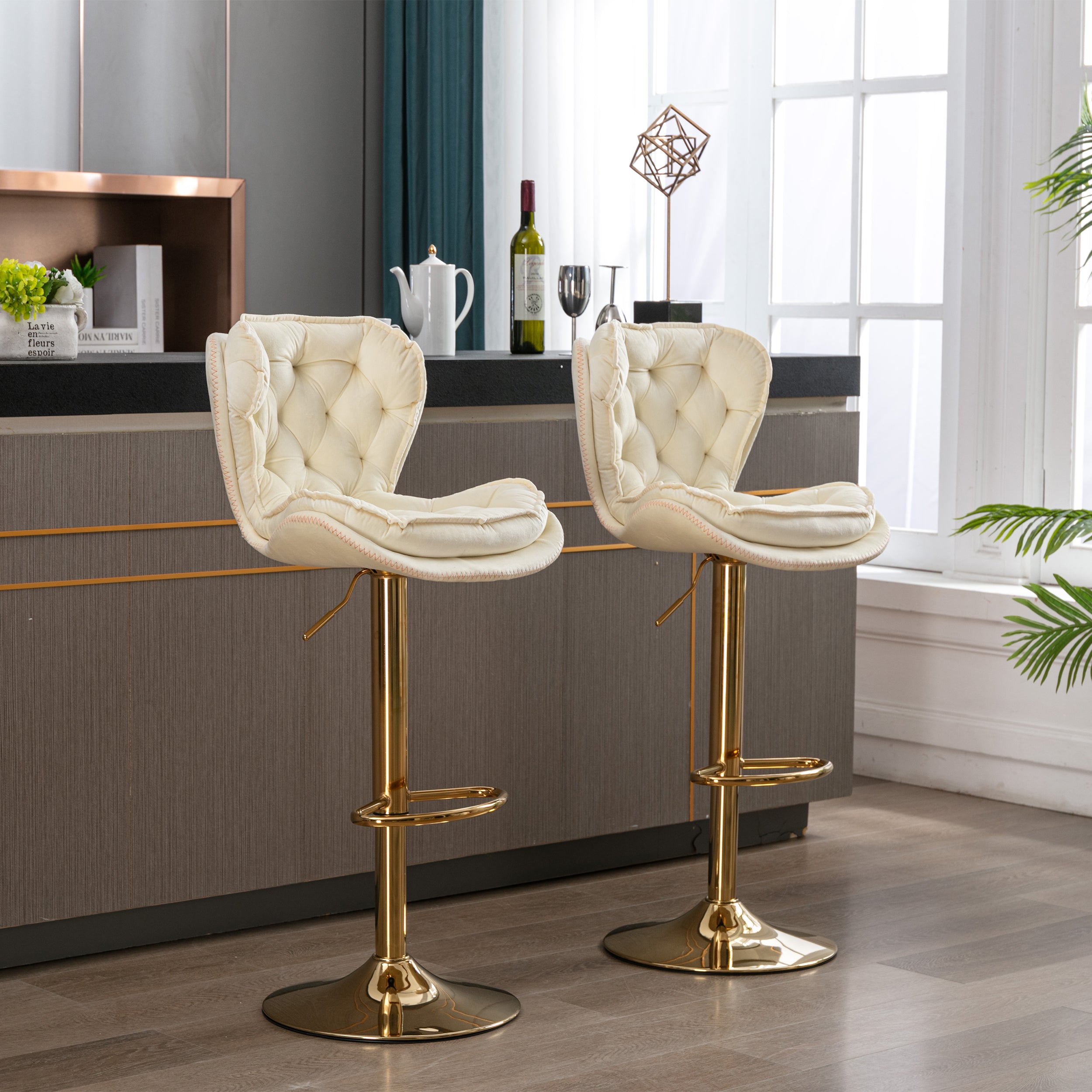 Set of 2  Bar Stools,with Chrome Footrest and Base Swivel Height Adjustable Mechanical Lifting Velvet + Golden Leg Simple Bar Stool-cream - Grand Goldman Shop