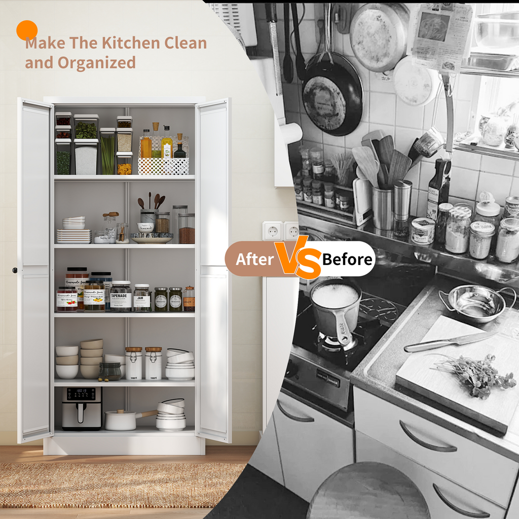 61' White Metal Kitchen Pantry Cabinet with Adjustable Storage and 4 Heavy Duty Shelves - Grand Goldman Shop
