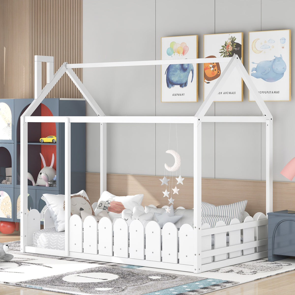 {Slats are not included}Twin Size Wood Bed House Bed Frame with Fence,for Kids,Teens, Girls,Boys {White}{OLD SKU:WF194274AAK} - Grand Goldman Shop