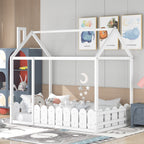 {Slats are not included}Twin Size Wood Bed House Bed Frame with Fence,for Kids,Teens, Girls,Boys {White}{OLD SKU:WF194274AAK} - Grand Goldman Shop