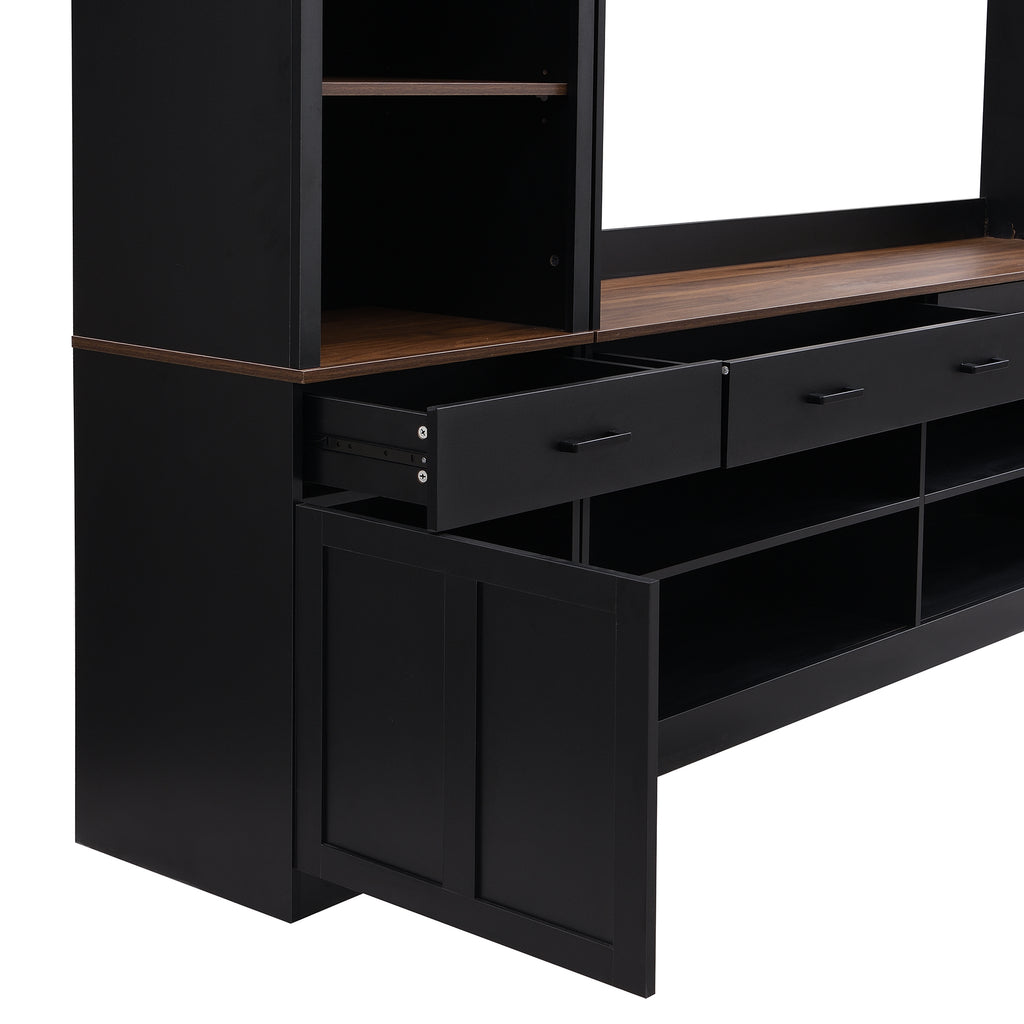 Farmhouse Entertainment Wall Unit with Bookshelf for TVs Up to 70', Walnut TV Stand with Adjustable Shelves, Mid-Century Media Console with Wine Rack for Living Room, Black (NEW SKU: N721S000046B-2) - Grand Goldman Shop