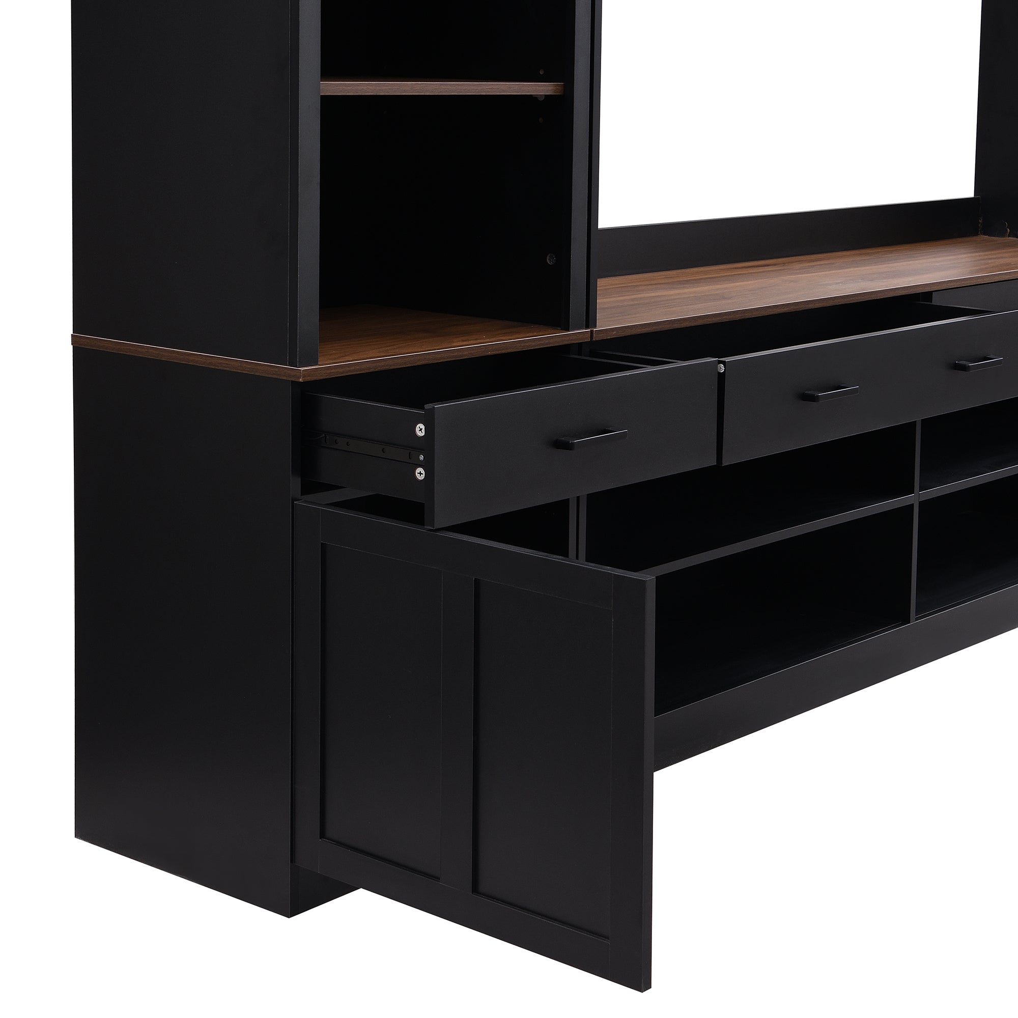 Farmhouse Entertainment Wall Unit with Bookshelf for TVs Up to 70', Walnut TV Stand with Adjustable Shelves, Mid-Century Media Console with Wine Rack for Living Room, Black (NEW SKU: N721S000046B-2) - Grand Goldman Shop