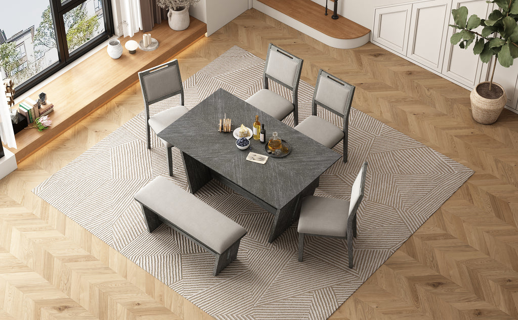 TREXM 6-Piece Retro Dining Table Set for 6, 60' Wood Kitchen Table and Chairs Set of 4 with Bench Designed Trestle Base for kitchen & Dining Room (Gray) - Grand Goldman Shop