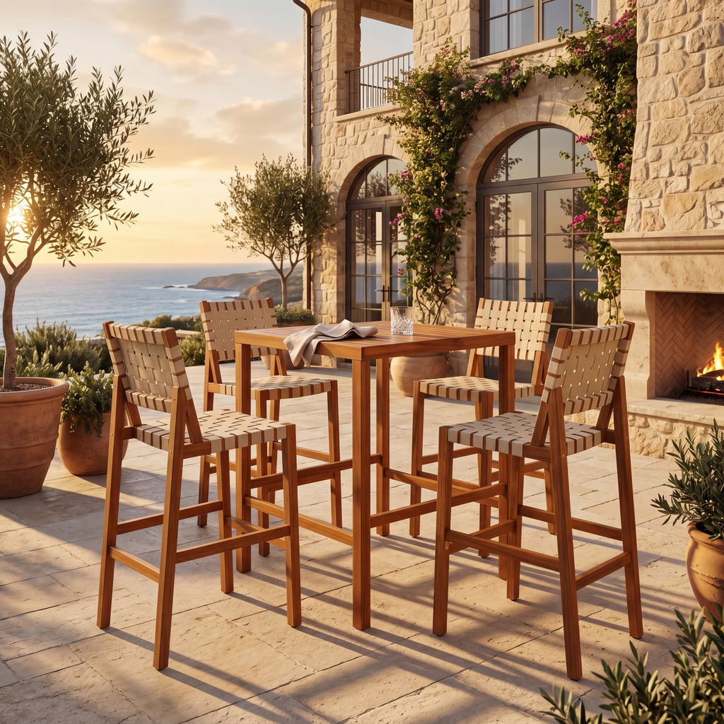 30.5 Inch Seat Height Outdoor Acacia Solid Wood Patio Furniture Set, Beige Pe Woven Rope, Breathable and Comfortable,Indoor & Outdoor Use,Teak Finish+Beige Rope(set of 5)