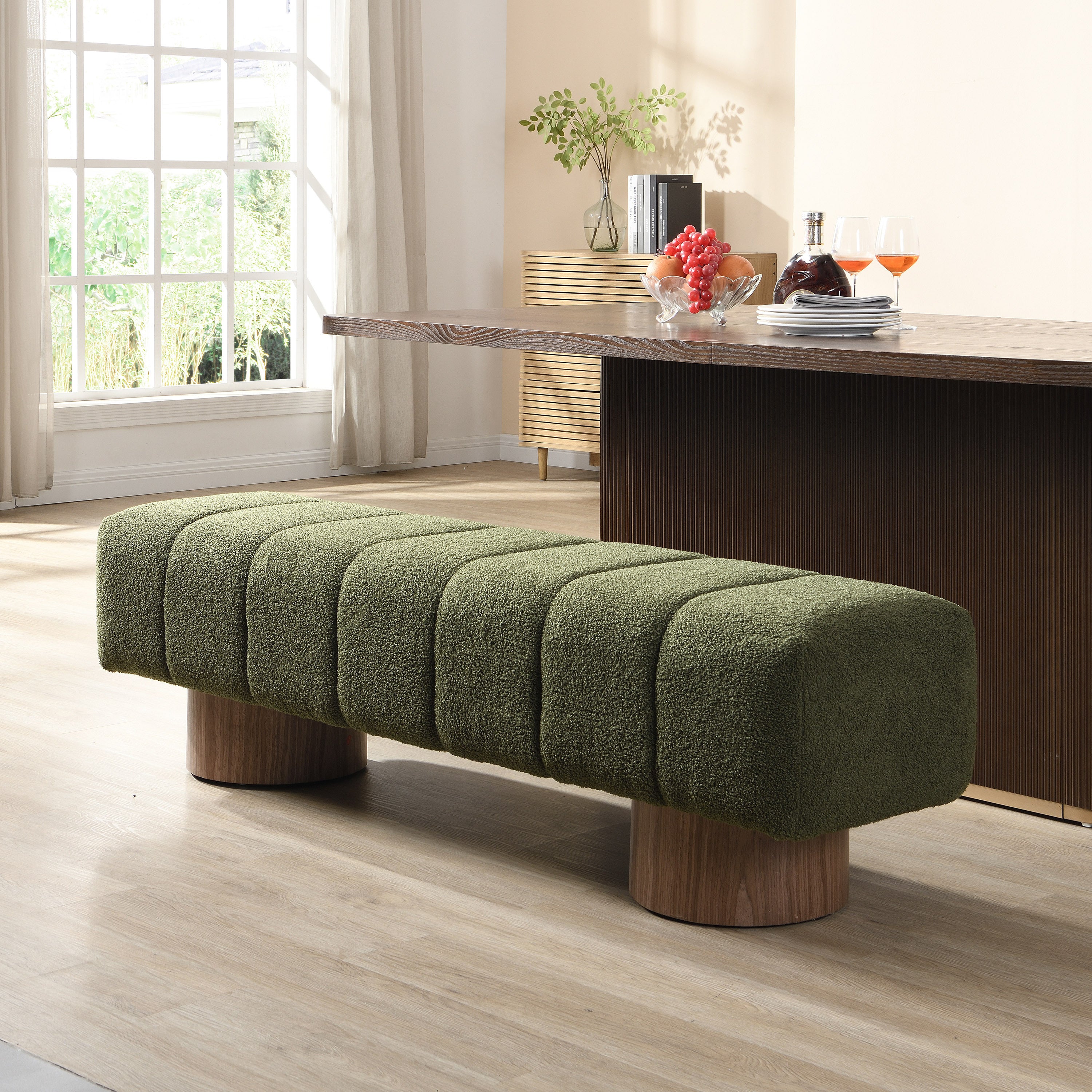 Upholstered Dining Bench for Dining Room, No-Assembly End of Bed Entryway Bench Ottoman for Bedroom Living Room, Green Boucle Fabric Stool Top Wood Leg 300 LBS Weight Capacity - Grand Goldman Shop