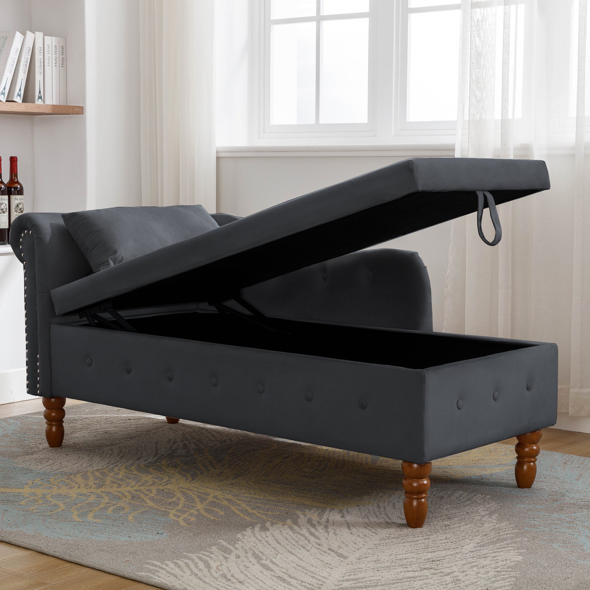 Black Chaise Lounge Indoor, Velvet Lounge Chair for Bedroom with Storage & Pillow, Modern Upholstered Rolled Arm Chase Lounge for Sleeping with Nailhead Trim for Living Room Bedroom Office - Grand Goldman Shop