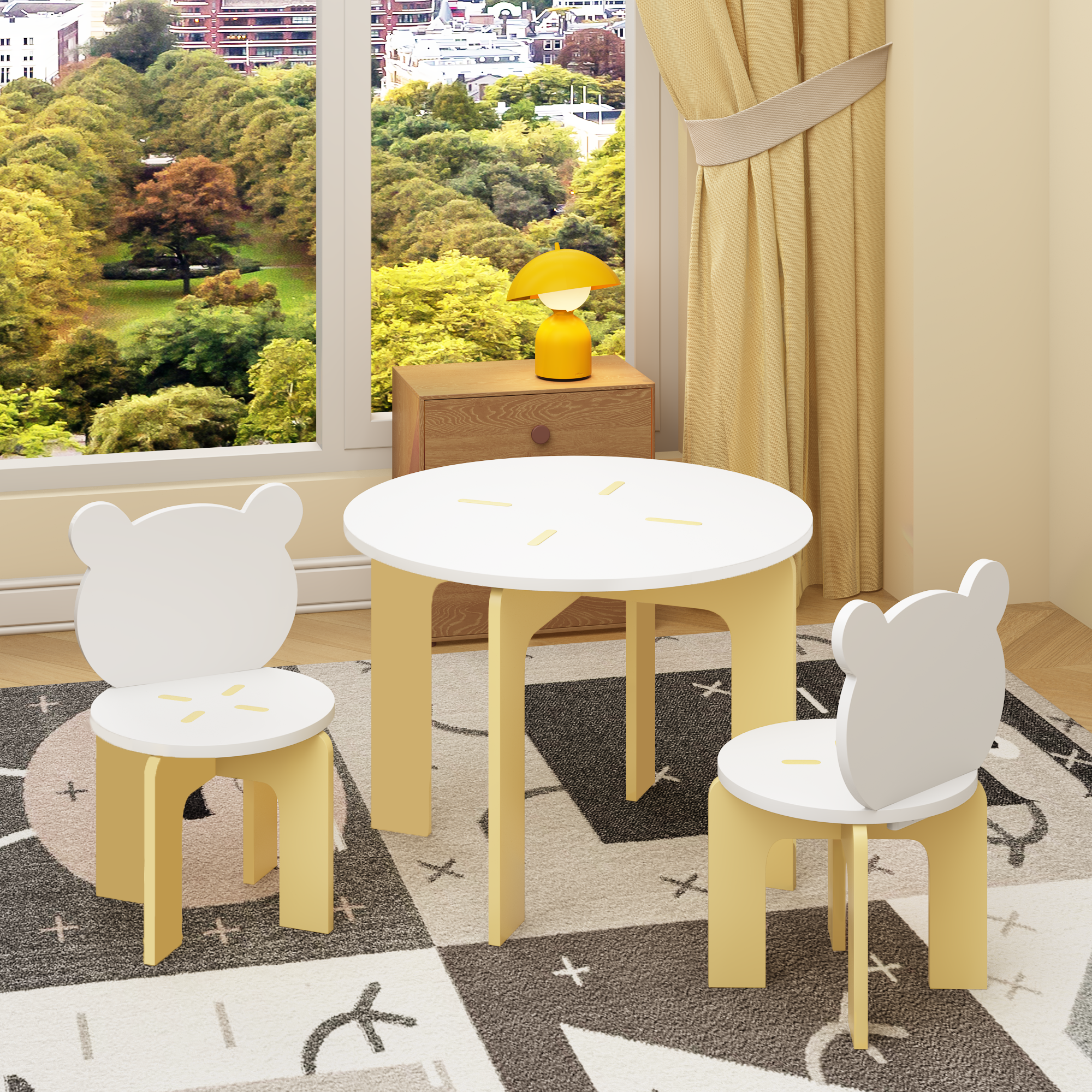 Kids Table and Chair Set, 3-Piece Toddler Table with 2 Chairs, Cute Bear-Back Chairs, Sturdy Wooden Activity Table Set for Ki