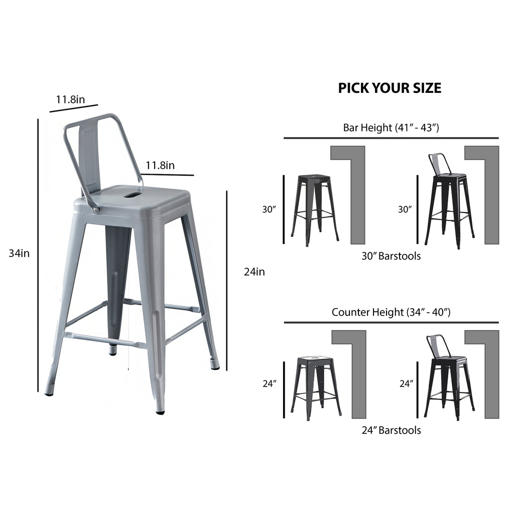 Modern Light Weight Industrial Contemporary Rustic Vintage Costal Metal Barstools with Bucket Back and 4 Leg Design, Seat Bar