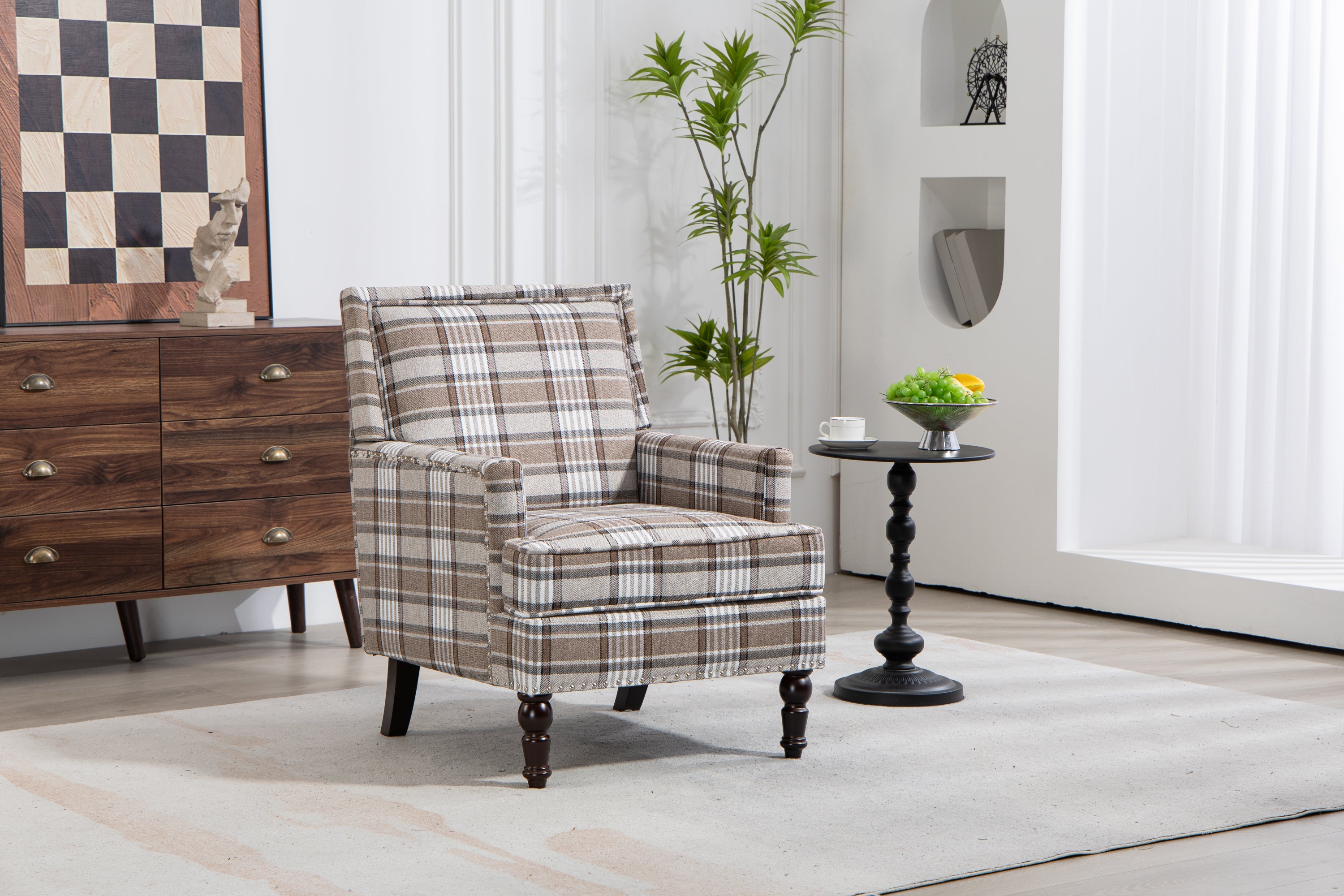 Upholstered Accent Chair, Vintage Armchair with Brown Linen Fabric and Nailhead Trim for Living Room - Grand Goldman Shop