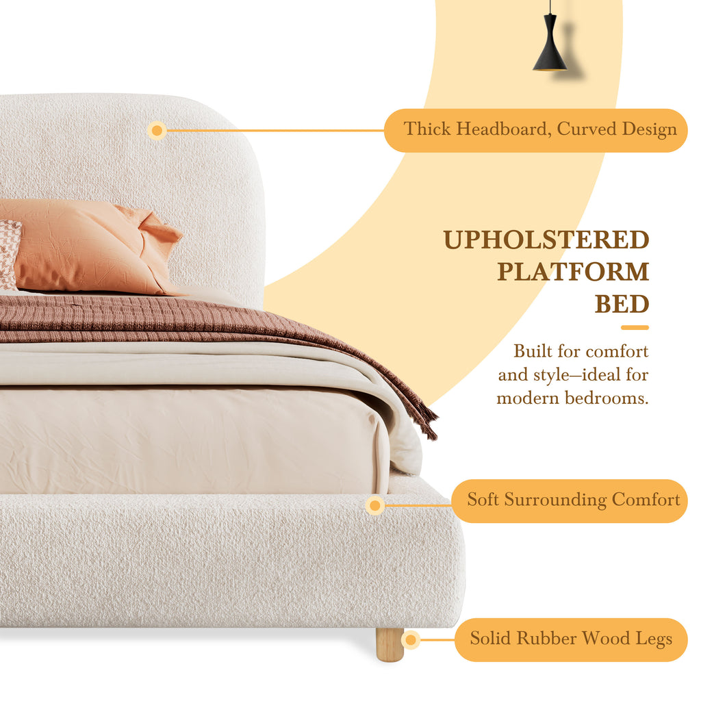 King Size Platform Bed with Boucle Fabric, Boucle Fabric Upholstered Platform Bed with Curve-Shaped Design Headboard, White, Easy Assembly - Grand Goldman Shop