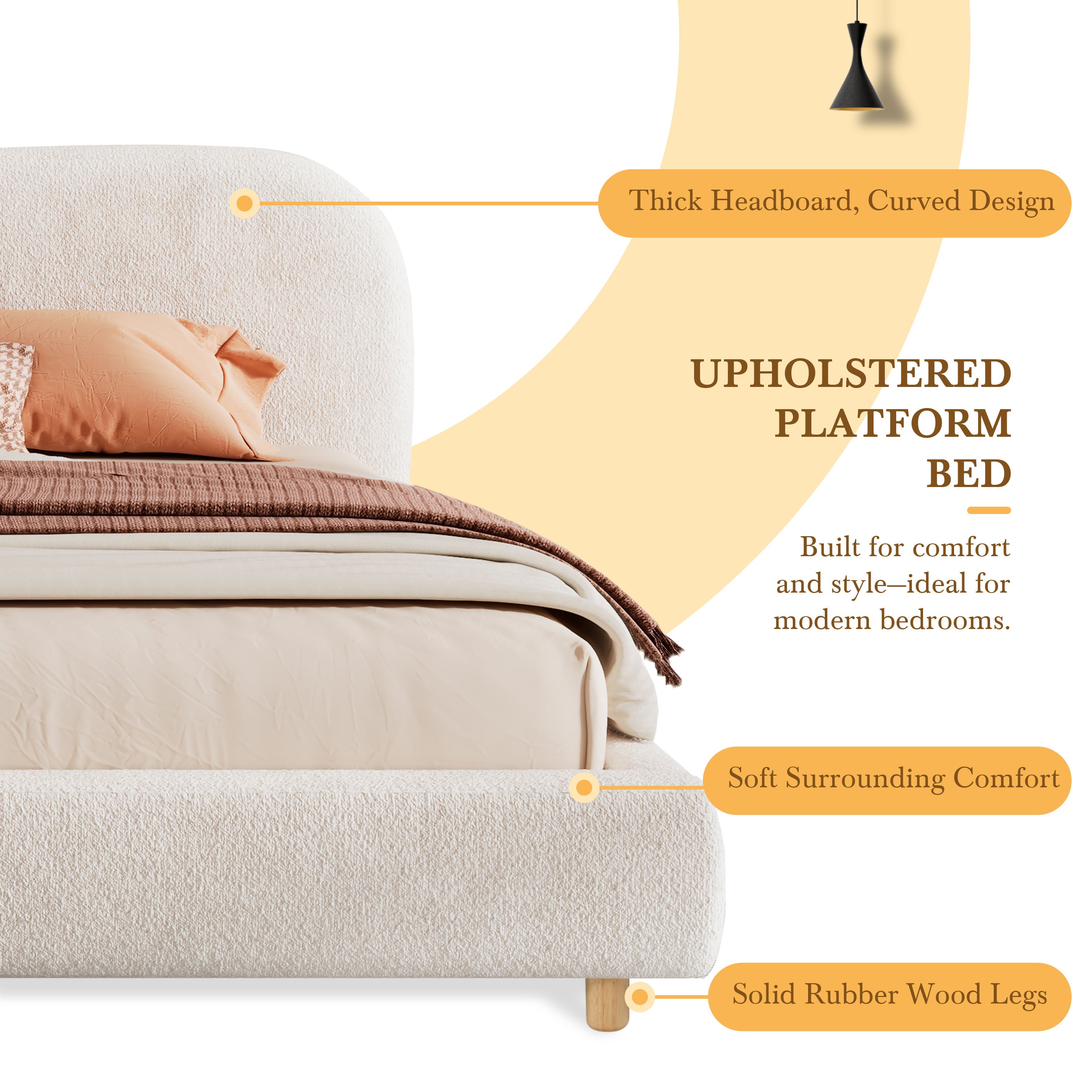 King Size Platform Bed with Boucle Fabric, Boucle Fabric Upholstered Platform Bed with Curve-Shaped Design Headboard, White, Easy Assembly - Grand Goldman Shop