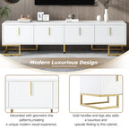 ON-TREND Modern TV Stand with Metal Legs and Gold Handles for TVs Up to 80'', Media Console Table with Cabinets and Adjustable Shelves, Luxury TV Cabinet with Geometric Lines for Living Room, White - Grand Goldman Shop