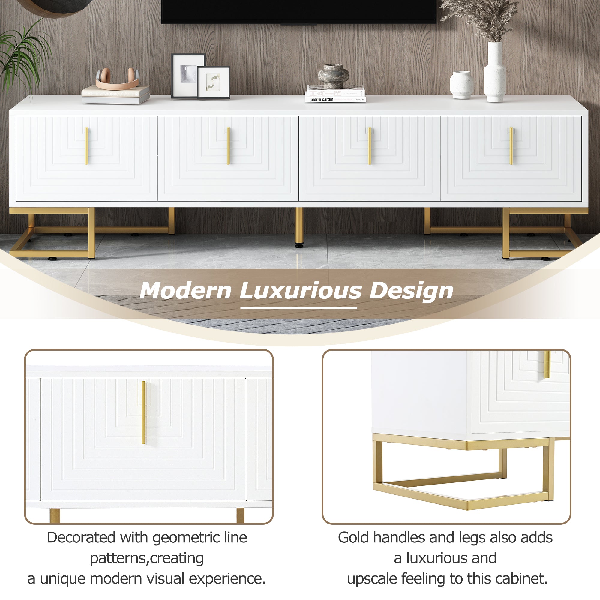 ON-TREND Modern TV Stand with Metal Legs and Gold Handles for TVs Up to 80'', Media Console Table with Cabinets and Adjustable Shelves, Luxury TV Cabinet with Geometric Lines for Living Room, White - Grand Goldman Shop
