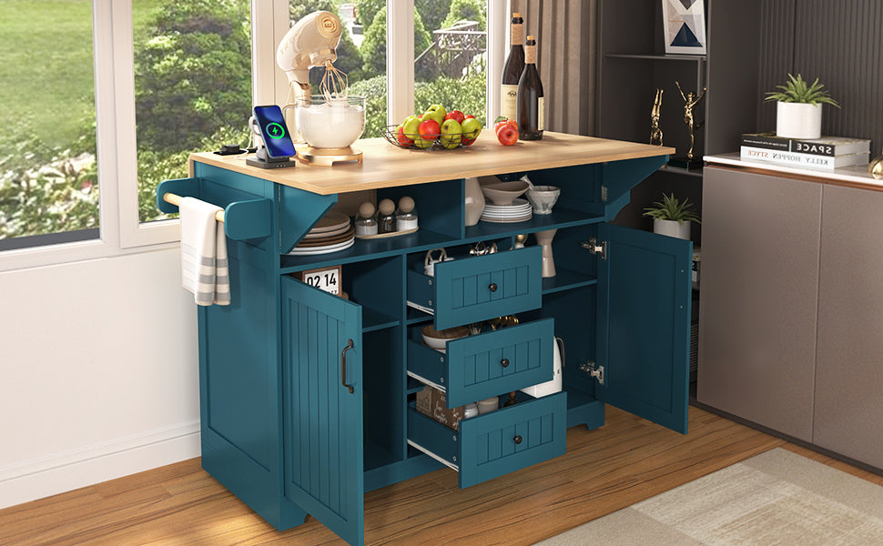 K&K 55.7'' Large Kitchen Island with 2 Drop Leaf,, Rolling Kitchen Cart on 5 Wheels with Power Outlet, Folding Storage Dining Table with Spice & Towel Rack , 3 Drawers, for Kitchen, Dining Room,Green - Grand Goldman Shop